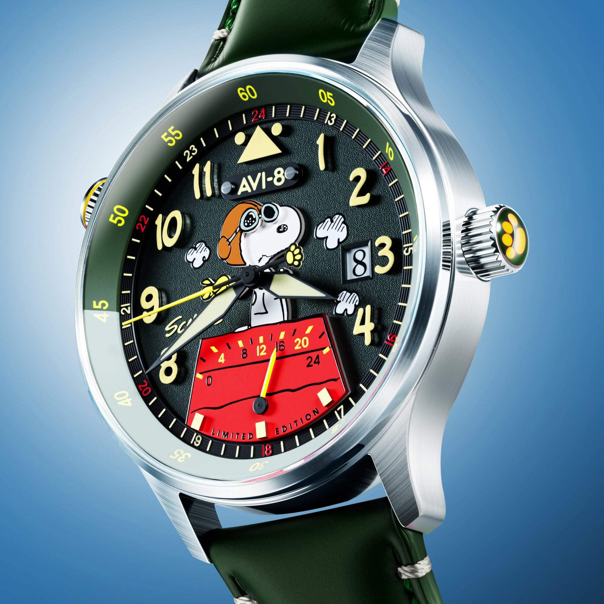 AVI-8 Hawker Hurricane Mckellar Dual Time Peanuts Snoopy Flying Ace Herren-Armbanduhr mit Lederarmband, 43,5 mm, AV-4151