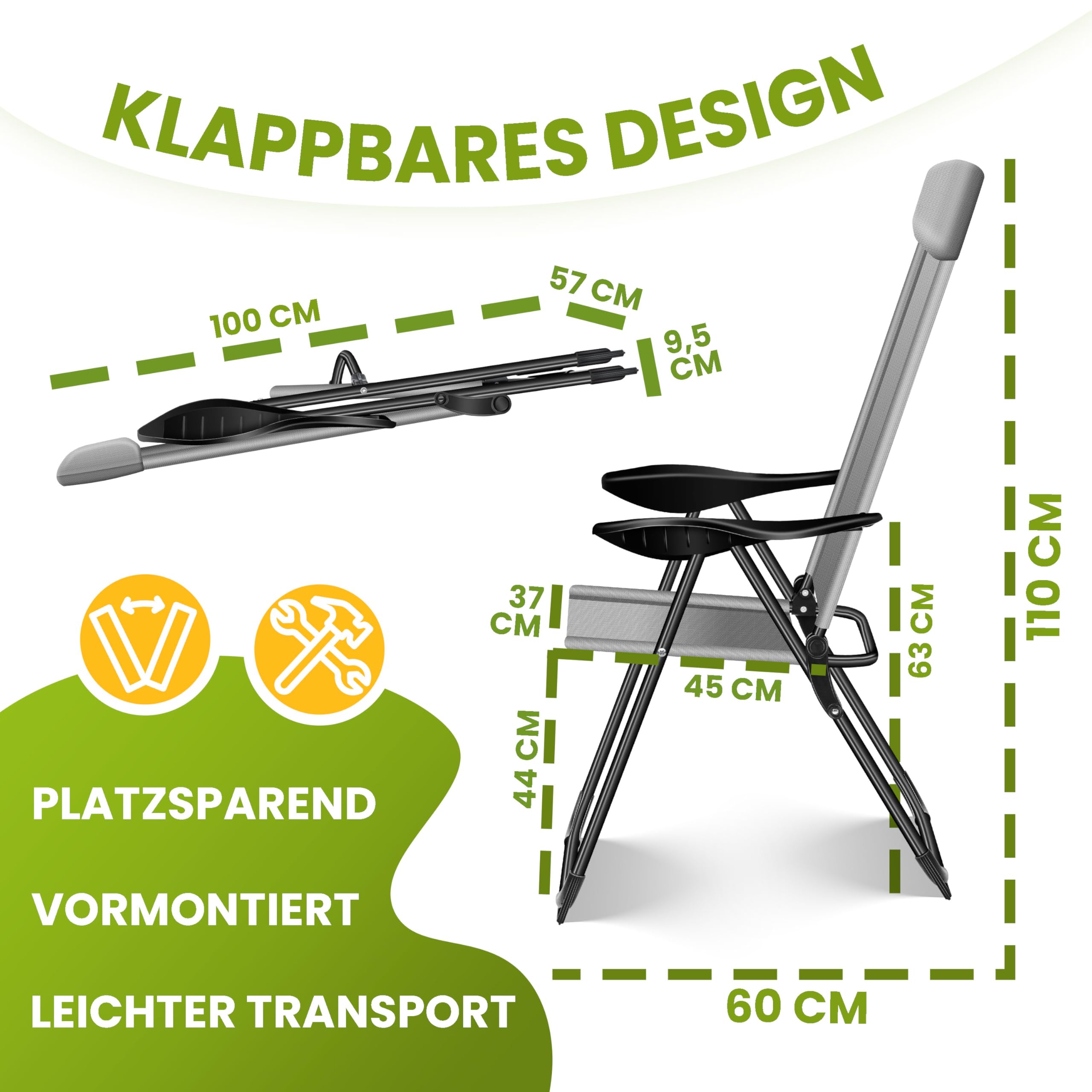 KESSER® Set di 2 sedie da Giardino, Sedia Pieghevole in Alluminio con Schienale Alto Regolabile in 7 direzioni con braccioli, Sedia da Balcone, Sedia da Campeggio Pieghevole Traspirante
