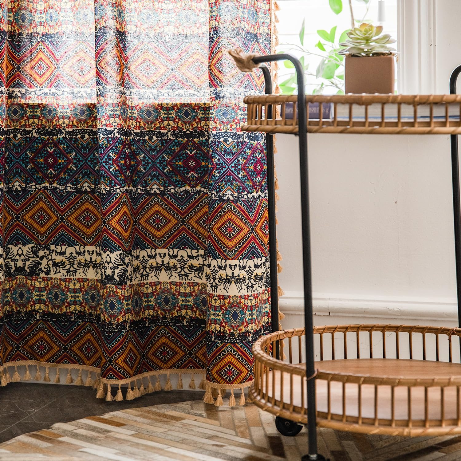 VOGOL Retro Boho Curtains for Bedroom, Not See Through Geo Print Decorative Drapes for Kitchen Window, 1 Panel Linen Textured Rod Pocket Curtain for Bathroom, 28 x 84 Inches