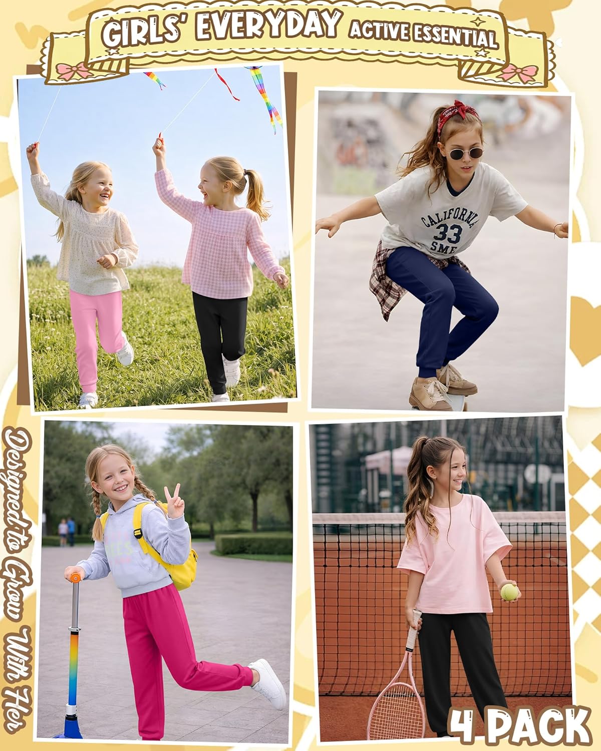 4 Pack Girls Lightweight Joggers Kids Soft Yoga Pants Casual Elastic Waist Comfy Active Pants for 5-14 Years
