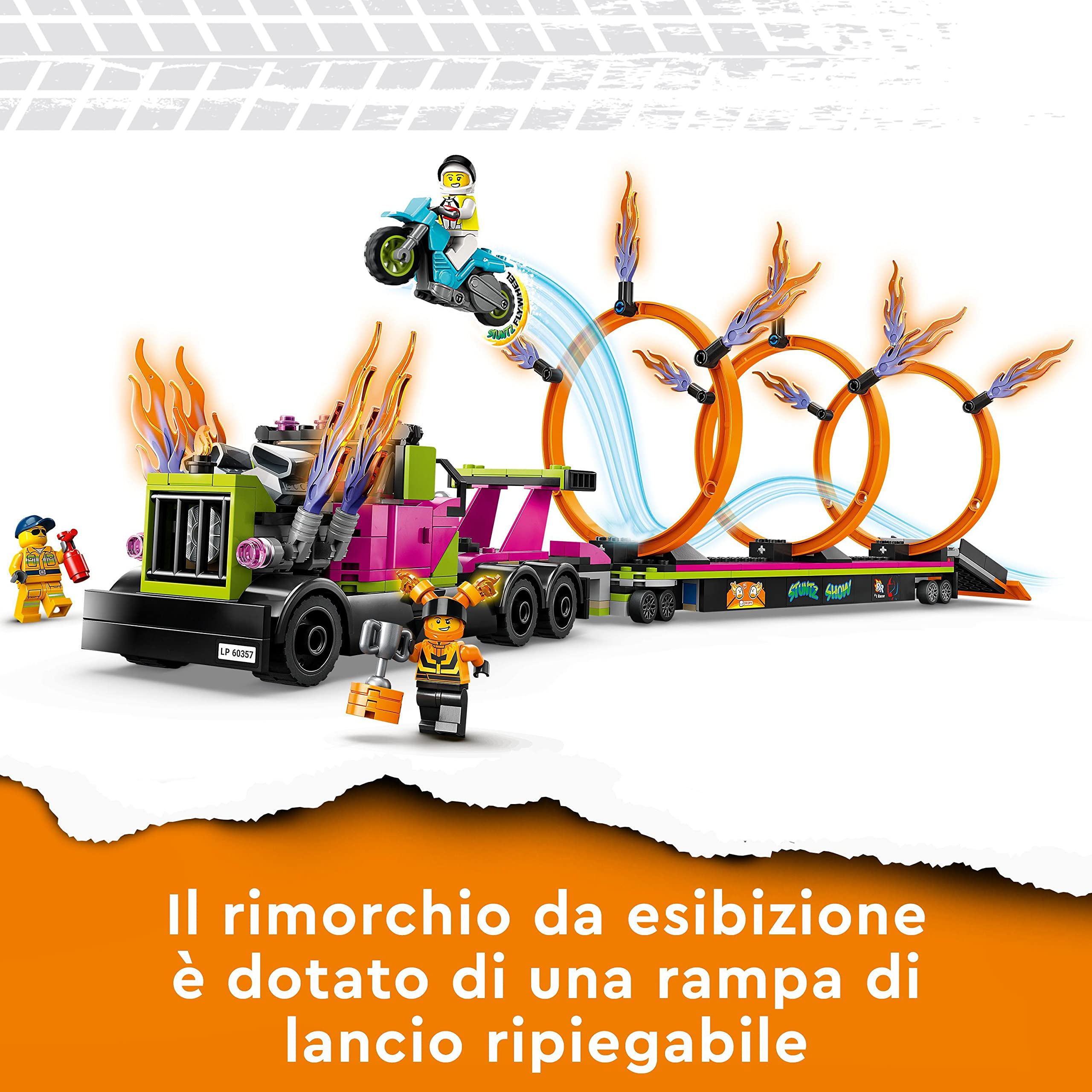 LEGO 60357 City Stuntz Stunt Truck: Sfida dell’Anello di Fuoco con Moto Giocattolo Carica e Vai, Idea Regalo Divertente per Bambini dai 6 Anni, Set 2023