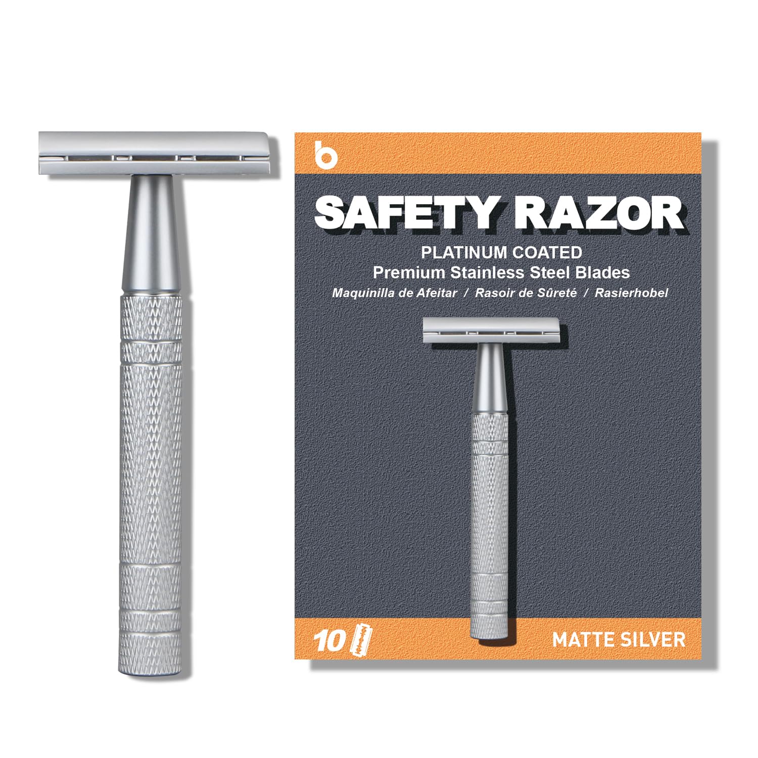 Double Edge Safety Razor, Single Blade Razors for Men and Women, with 10 Safety Razor Blades, Reusable, One Blade, No Plastic, Eco-friendly Shaving, Matte Silver