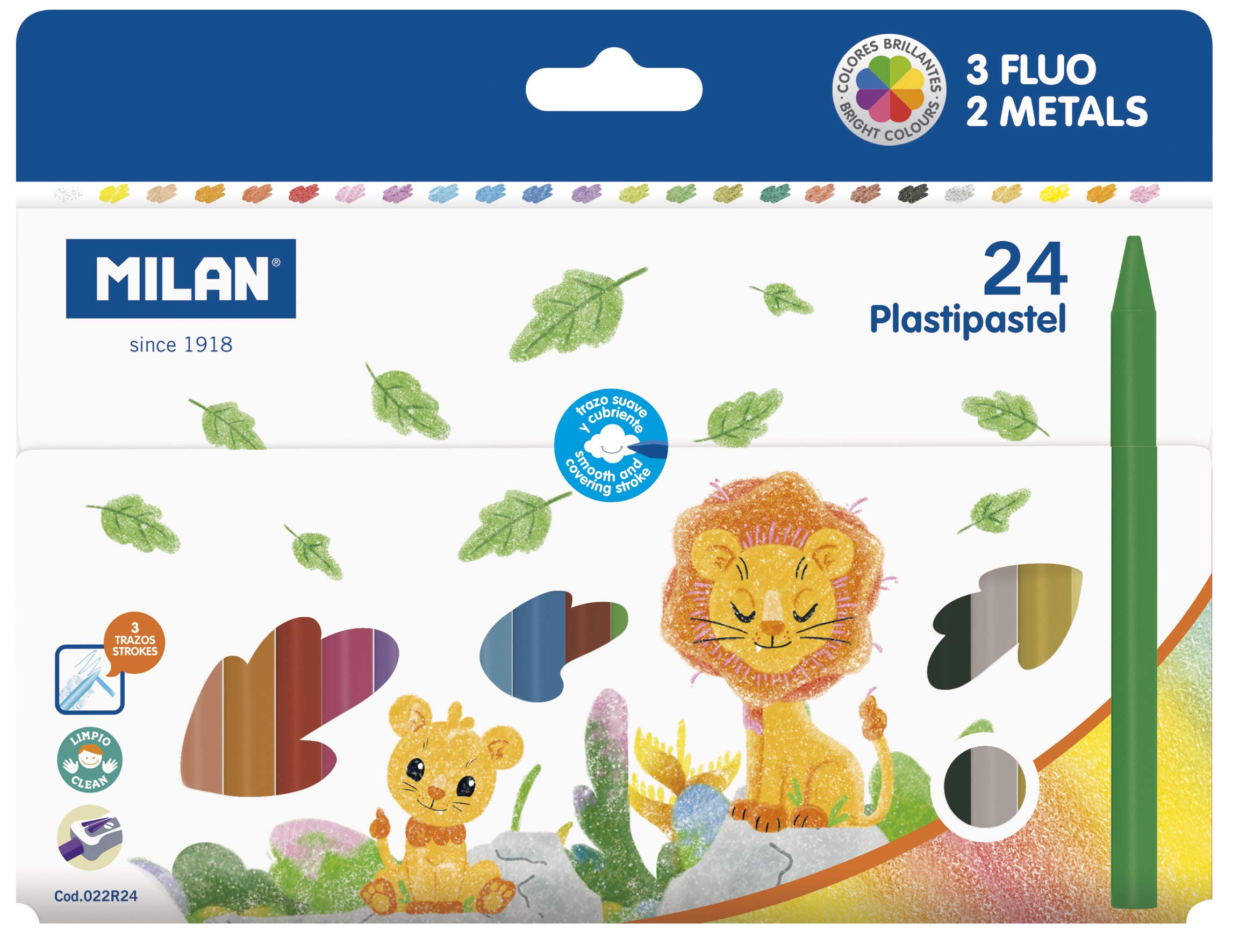 MILAN 022R24 - Caja 24 Plastipastel redondos (contiene 3 colores fluo y 2 metal)
