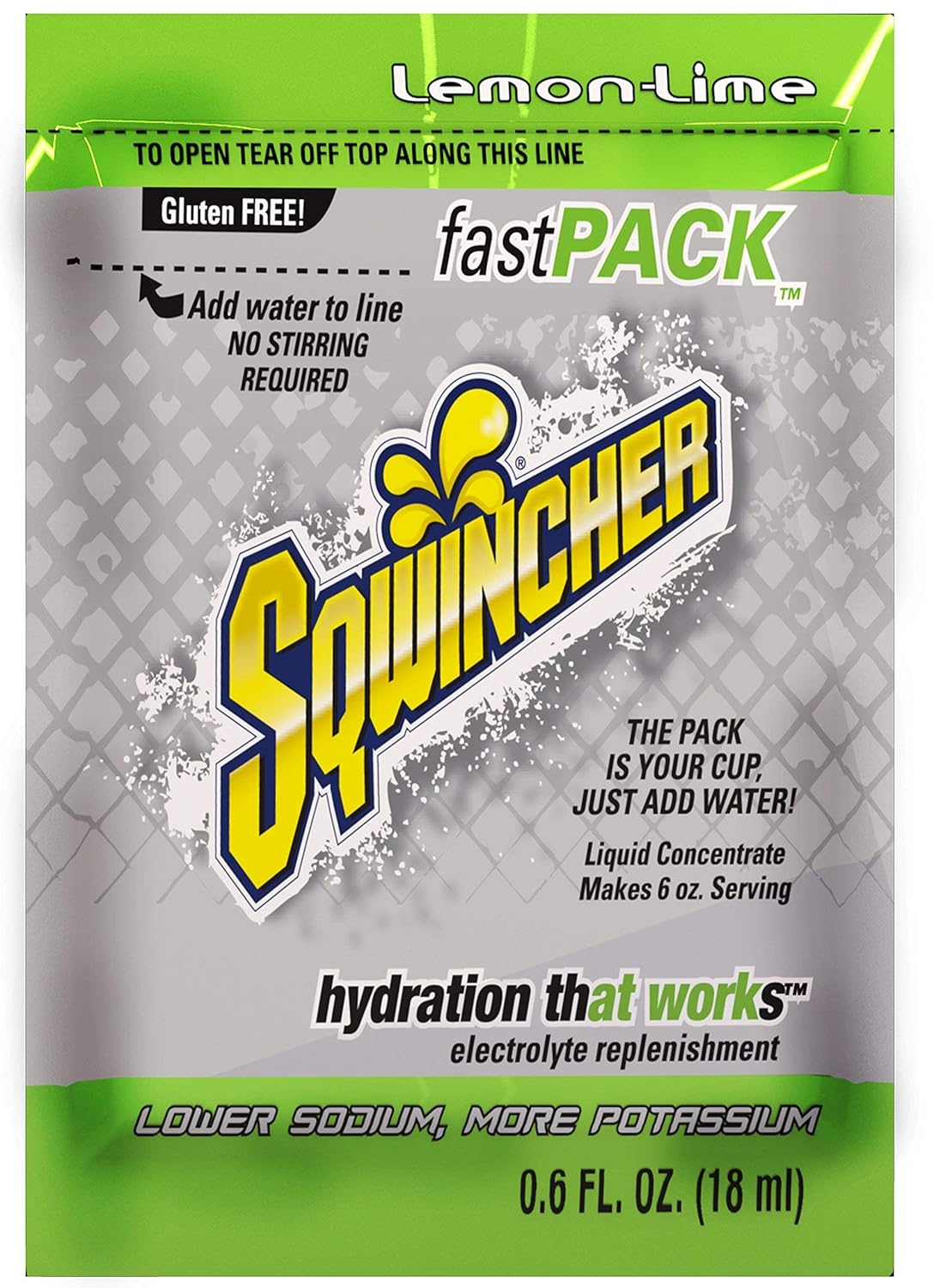 Sqwincher Fast Pack Liquid Concentrate | Lemon-Lime Flavored | Low Calorie | Low Sodium | Electrolyte Replenishment Hydration Drink Mix | Just Add Water to Pouch | .6 oz Packet (4 Packs of 50)