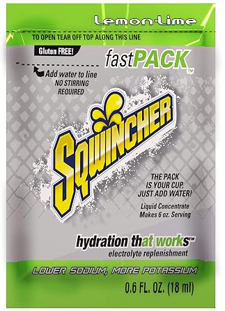 Sqwincher Fast Pack Liquid Concentrate | بنكهة الليمون والليمون | منخفض السعرات الحرارية | منخفض الصوديوم | مزيج مشروب الترطيب لتجديد الإلكتروليت | فقط أضف الماء إلى الحقيبة | .6 أونصة عبوة 4 عبوات من 50