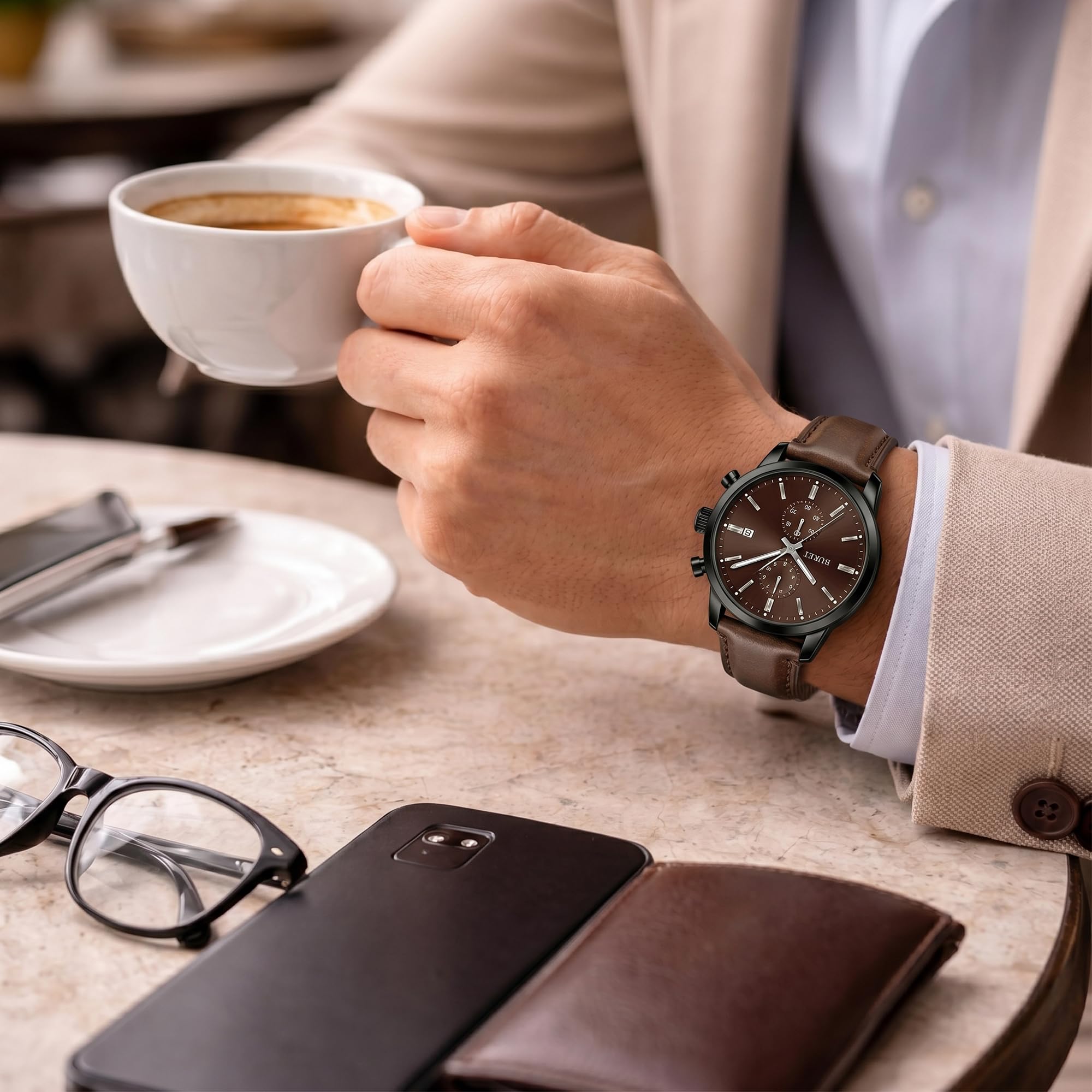 BUREI Orologi da uomo cronografo giapponese al quarzo impermeabile orologio da polso uomo cinturino in pelle business casual sport data orologio per uomini