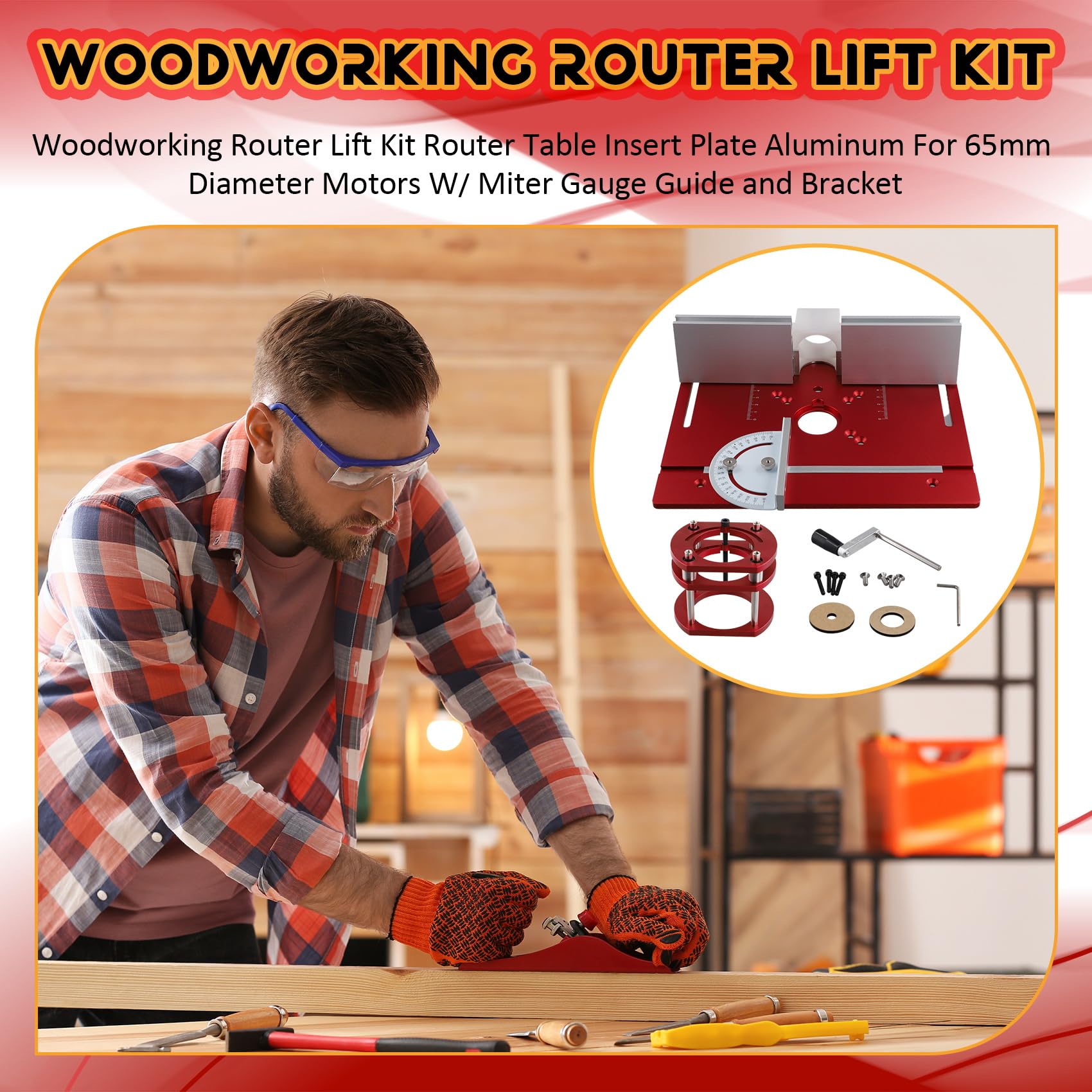 Kit di sollevamento per fresatura superiore per lavori in legno, piano d'appoggio per tavolo superiore in alluminio per motori con diametro di 65 mm, con guida obliqua e supporto