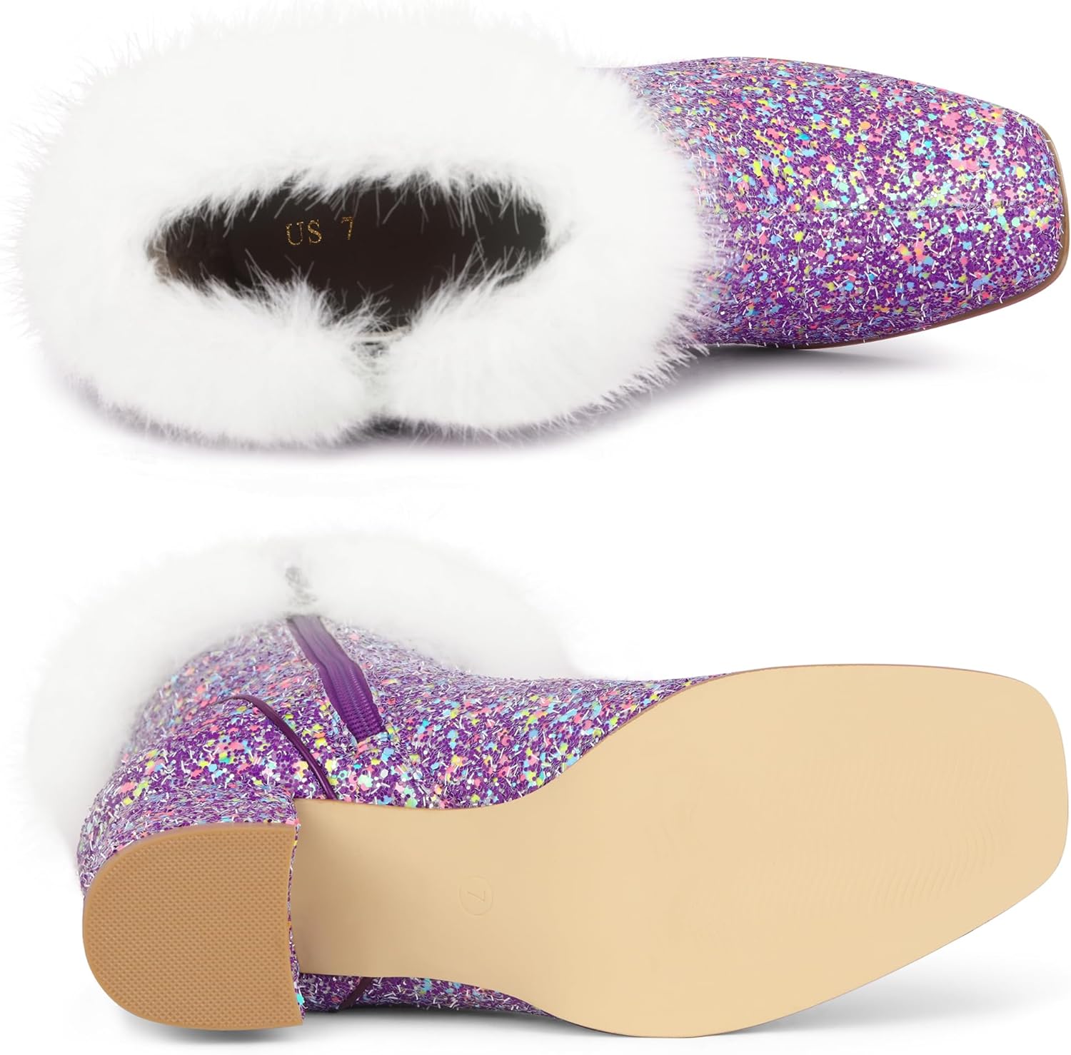 Allegra K Sparkly Glitter Boots for Women Square Toe Chunky Heel Faux Fur Ankle Boots