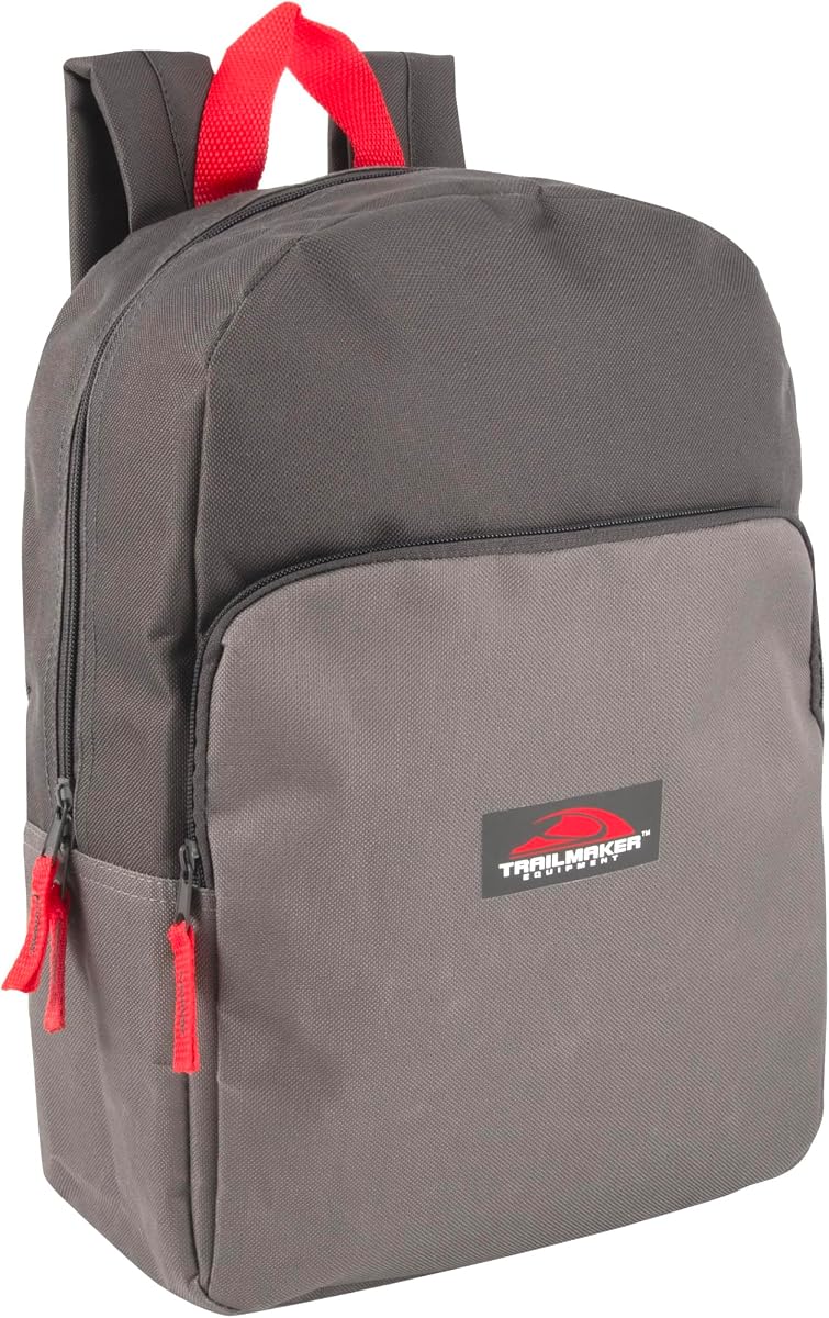 Trail maker 15 Inch Backpack for Kids, Preschool, Elementary & Middle School Students – Spacious Bookbag with Large Front Pocket, Adjustable Straps, Fits up to 13 Inch Laptop (Grey)