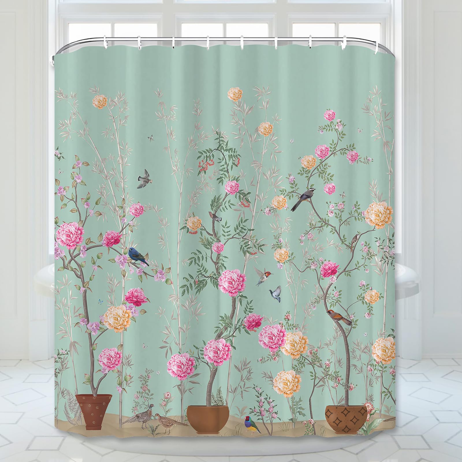 Simpomsy Floral Shower Curtain, Waterproof Bird Flower Bathroom Curtains, Mould Proof Resistant Wet Room Shower Curtains - Image 4