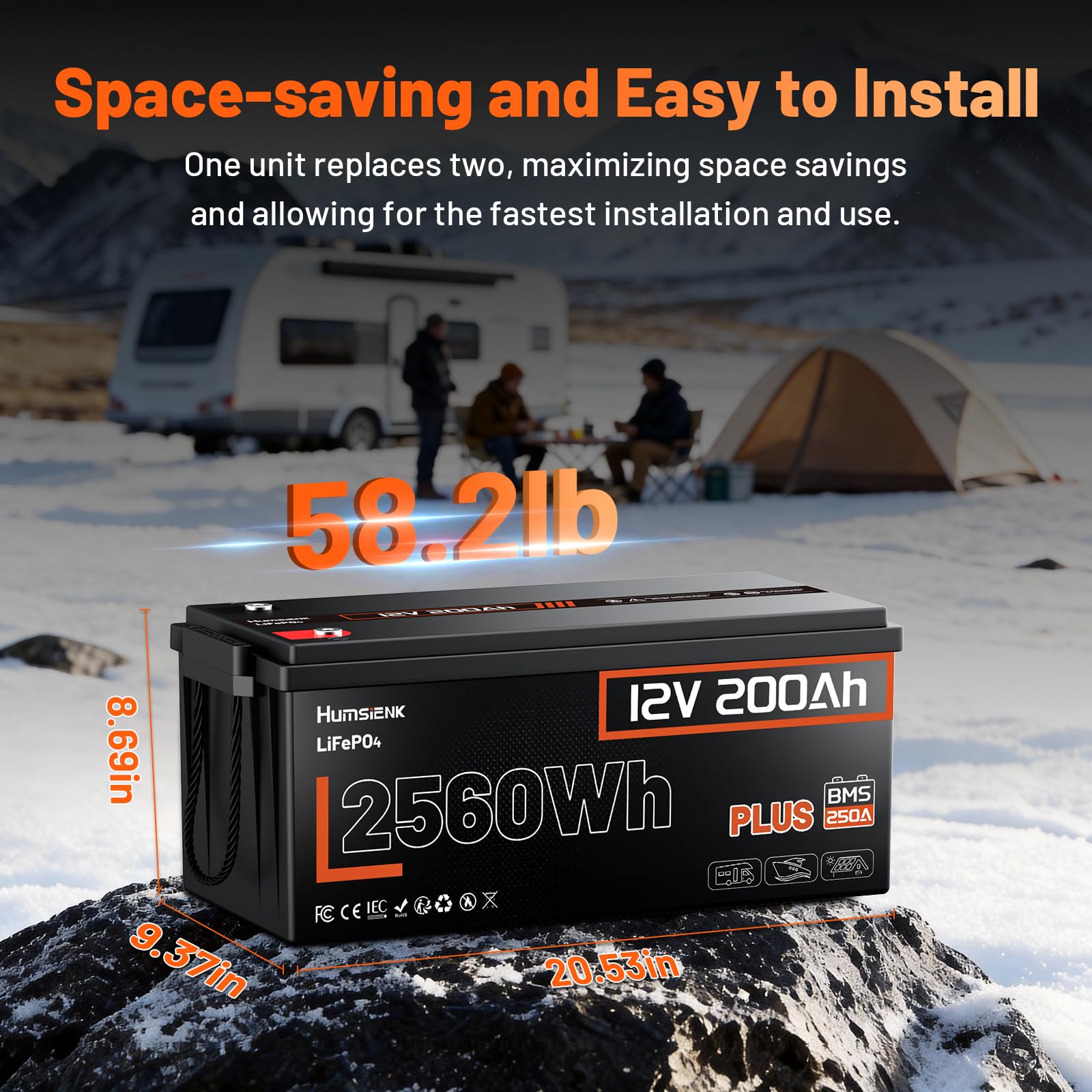Humsienk Akumulator LiFePO4 12V 200Ah, BMS 250A, Moc 2560W, 6000+ Cykli, do RV, Solarnych, Kamperów i Morskich