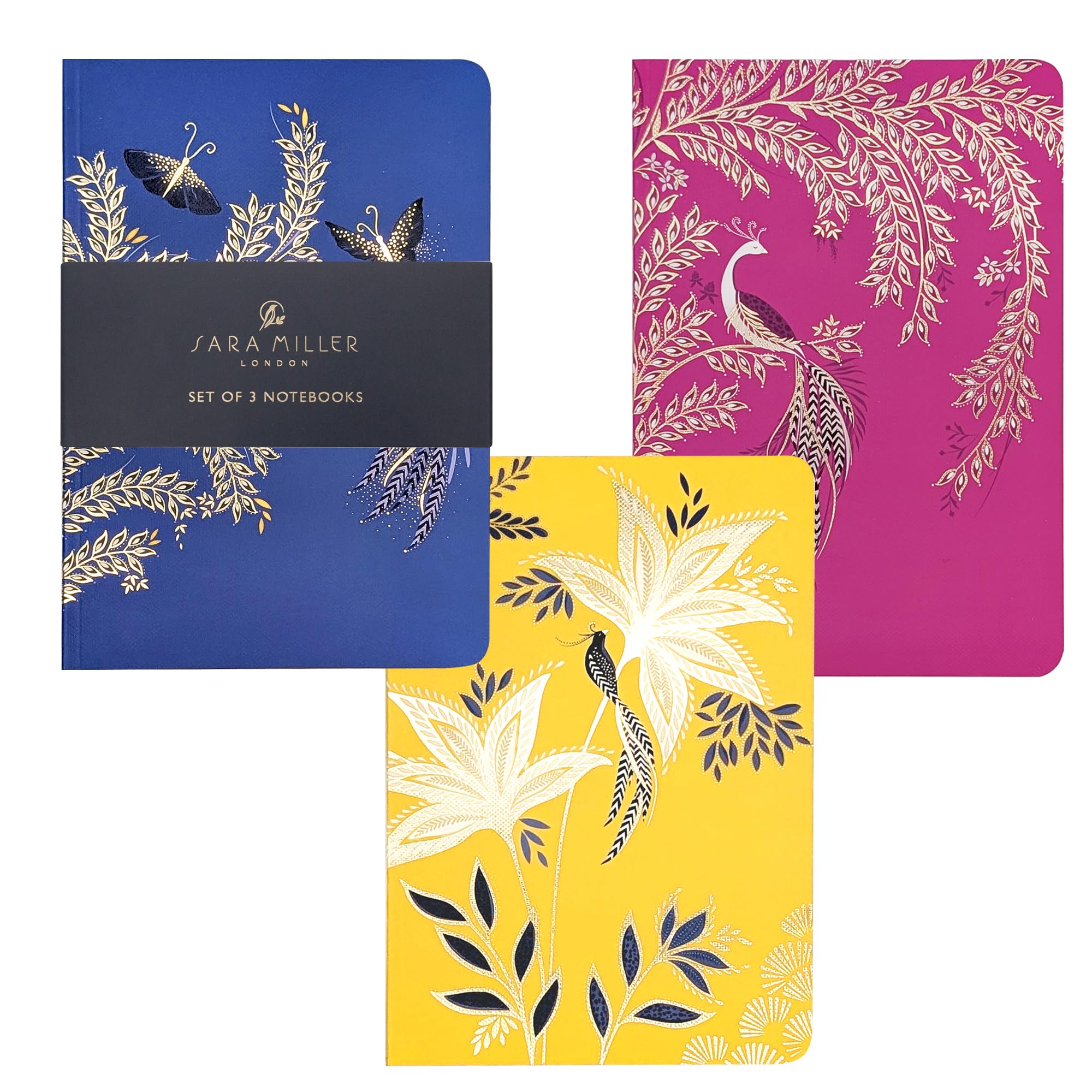 Portico Designs Ltd Sara Miller London Anniversary Collection Set of 3 Notebooks, B6 Size, Botanical Design with Peacock and Butterfly Motifs, 32 Sheets per Notebook