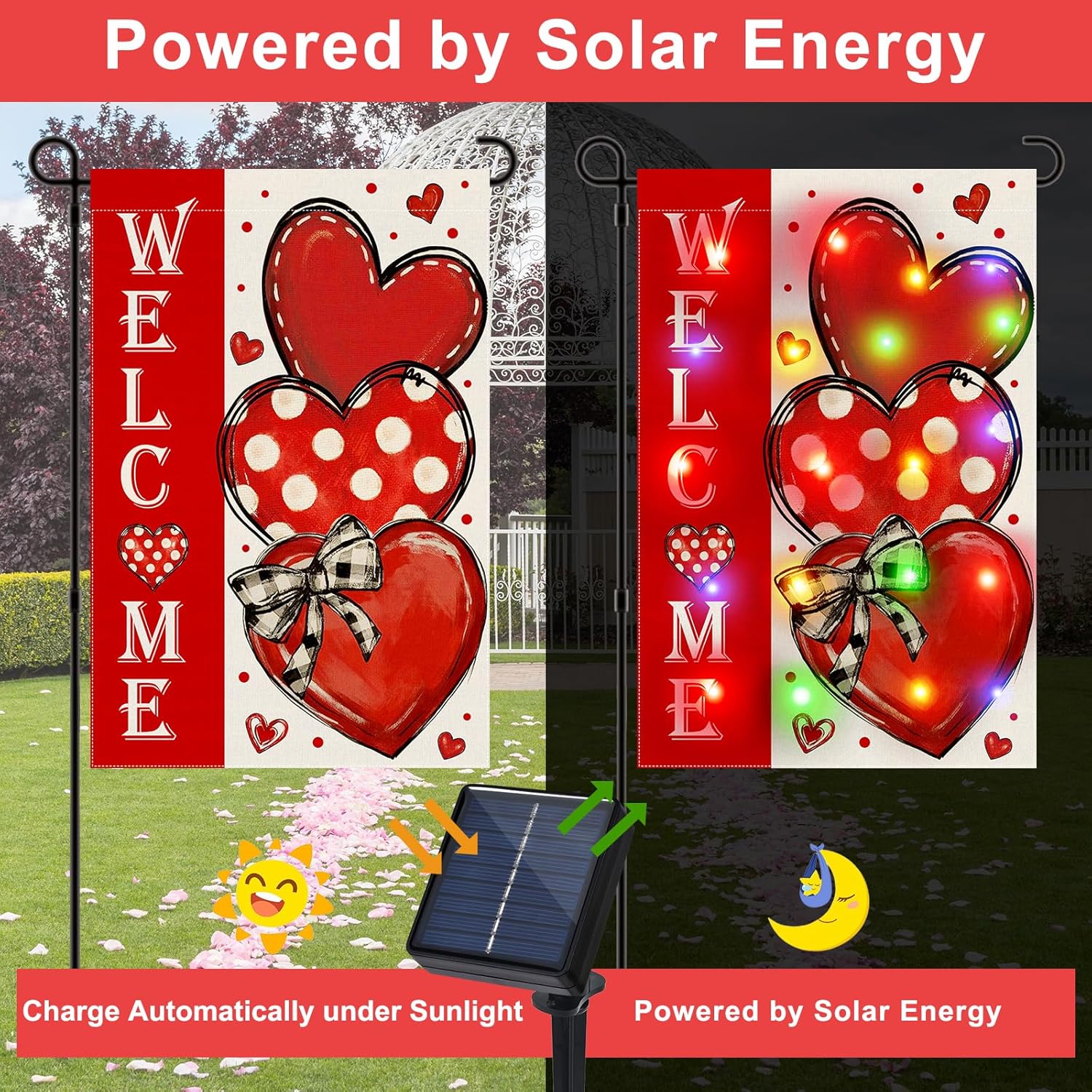 Led Lighted Valentine Garden Flag, 12x18 in Double Sided Hearts Valentine Yard Flag, Solar Valentines Day Decorations Outdoor for Patio Lawn, Home Porch - Image 2