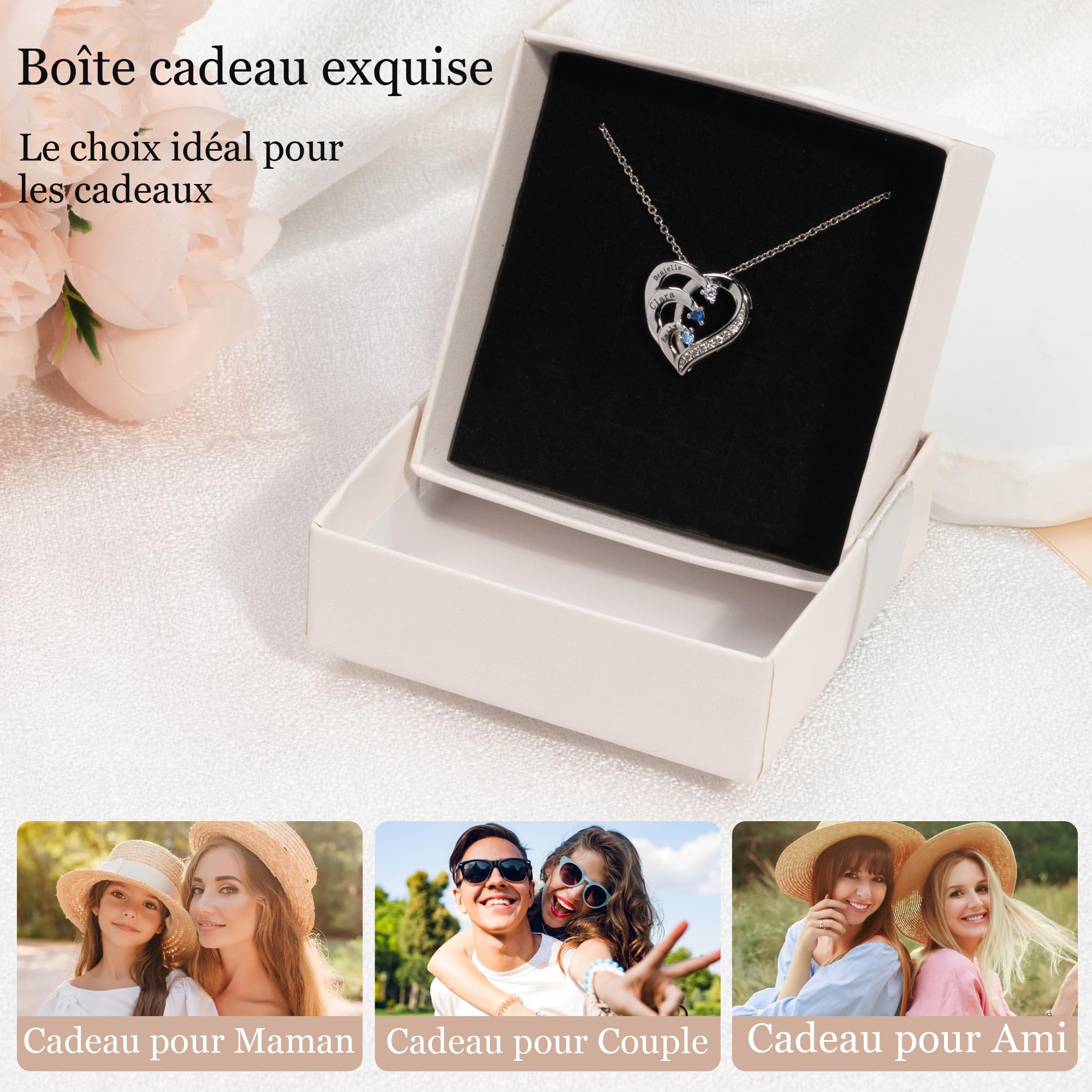 Easycosy Collier Personnalisé Prénom avec Pierres de Naissance Collier gravé 1-4 Nom Collier Pendentif Cœur Bijoux Personnalisé Cadeau Femme Fille Maman Mamie Copine pour Anniversaire Noël St-Valentin