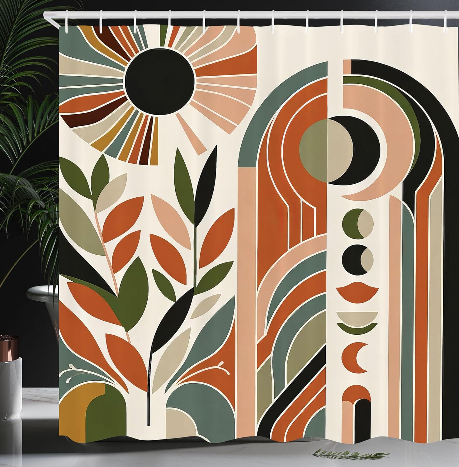 Ambesonne Monstera Shower Curtain, Mid Century Boho Style Abstract Art Nature Mystery Earthy Colors, Cloth Fabric Bathroom Decor Set with Hooks, 69" W x 84" L, Beige Green and Burnt Orange