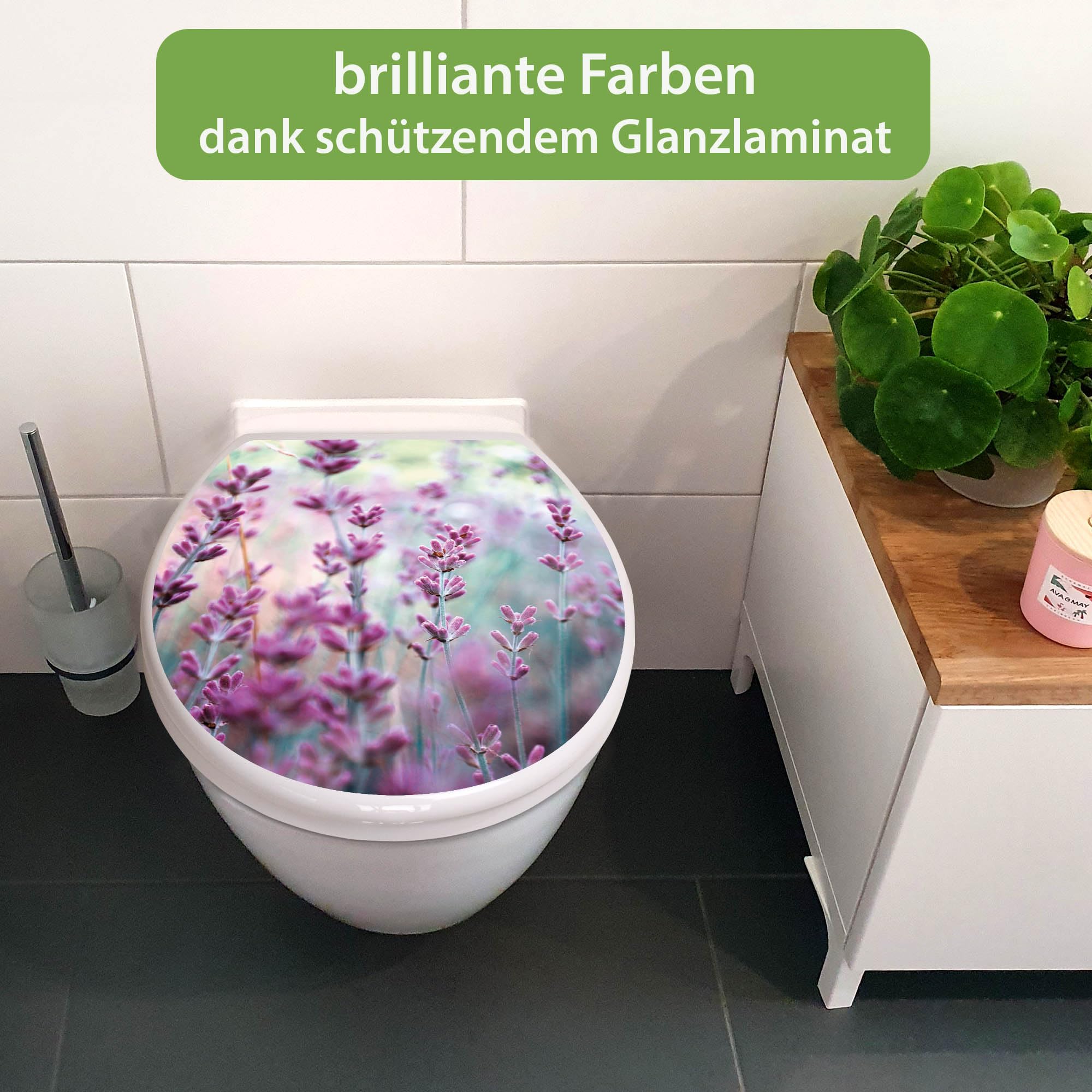banjado Toilettendeckel mit Absenkautomatik 44,5x37cm - Soft Close Toilettensitz - WC Sitz mit Absenkautomatik - Klodeckel aus Duroplast mit Edelstahl Scharnieren, einfache Montage - Motiv Lavendel 2
