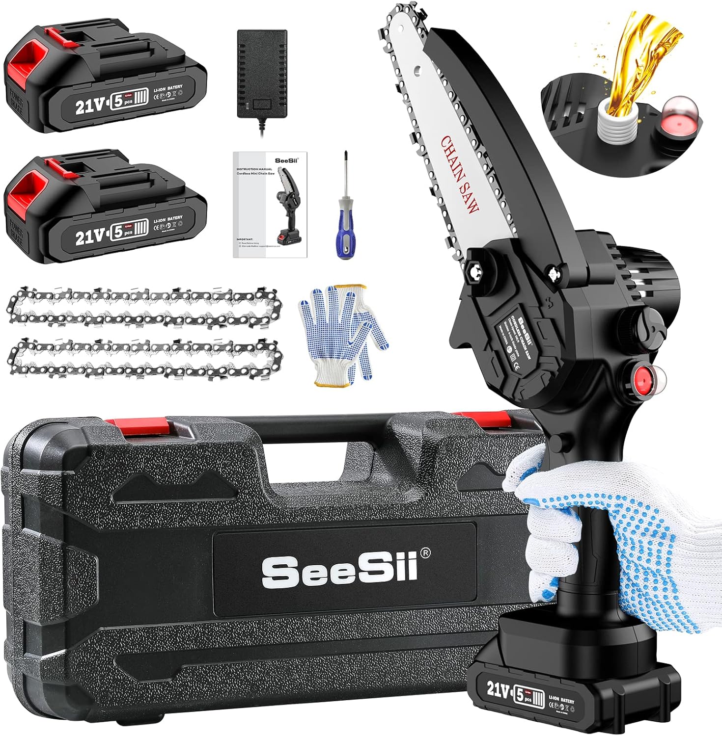 SeeSii Mini tronçonneuse sans fil de 15,2 cm avec 2 batteries de 2,0 Ah, système d'autohuile SeeSii Mini tronçonneuse sans fil de 15,2 cm avec 2 batteries de 2,0 Ah, système d'autohuile