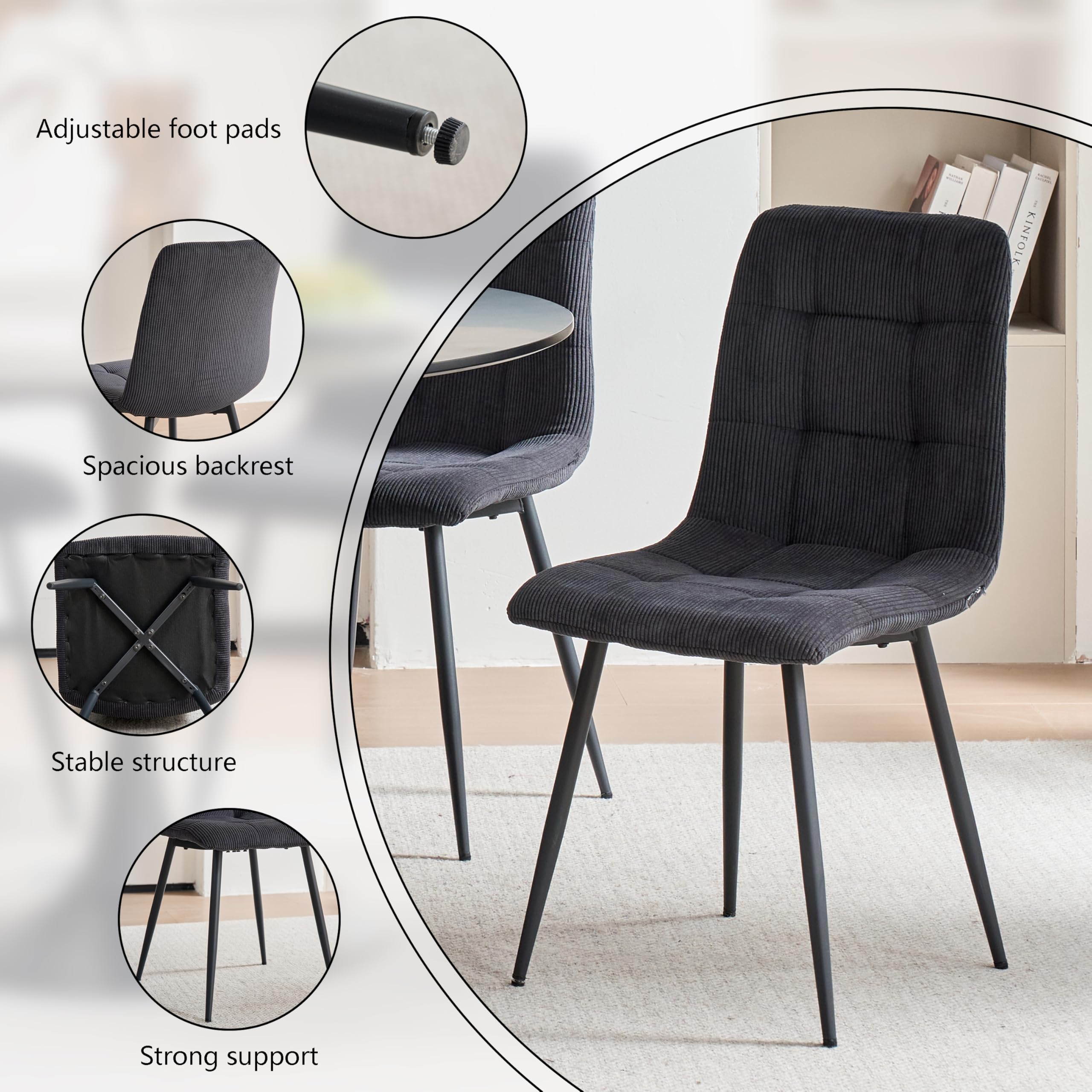 Set di 6 Sedie da Pranzo Nordiche, Sedie da Cucina in Velluto a Coste, Gambe in Metallo Nero, Seduta e Schienale in Spugna ad Alta Densità, Adatte per Soggiorno, Cucina - Nero