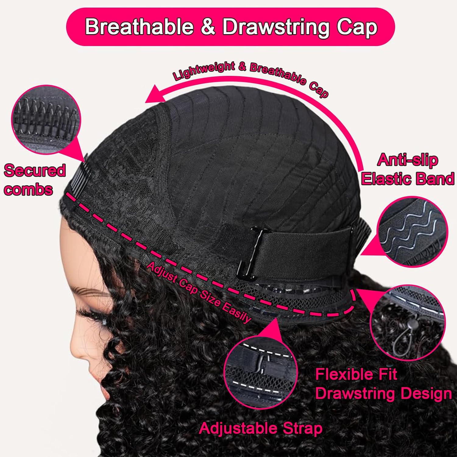 Half Wig Human Hair Kinky Curly Glueless Wigs Human Hair Half Wig 200 Density 3 In 1 Drawstring Seamless Flip Over Half Wigs for Women Invisible Hairline Headband Wig 22 Inch