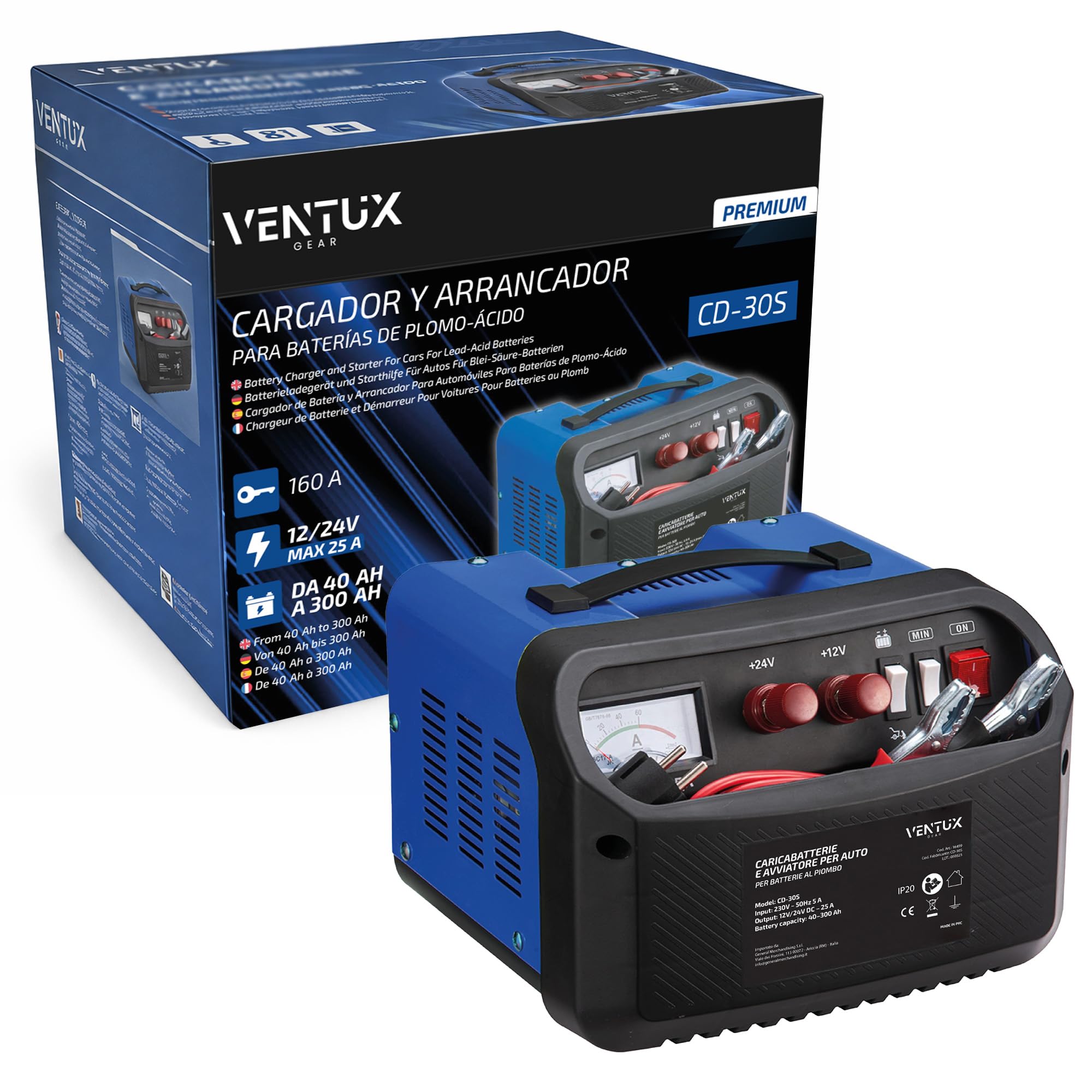 Cargador de Batería de Coche 12V/24V CD-30S – Función Arranque 160A/260A | Cargador Bateria Moto y Vehículos con Amperímetro | Cargador Bateria 12V Plomo con Protecciones de Seguridad