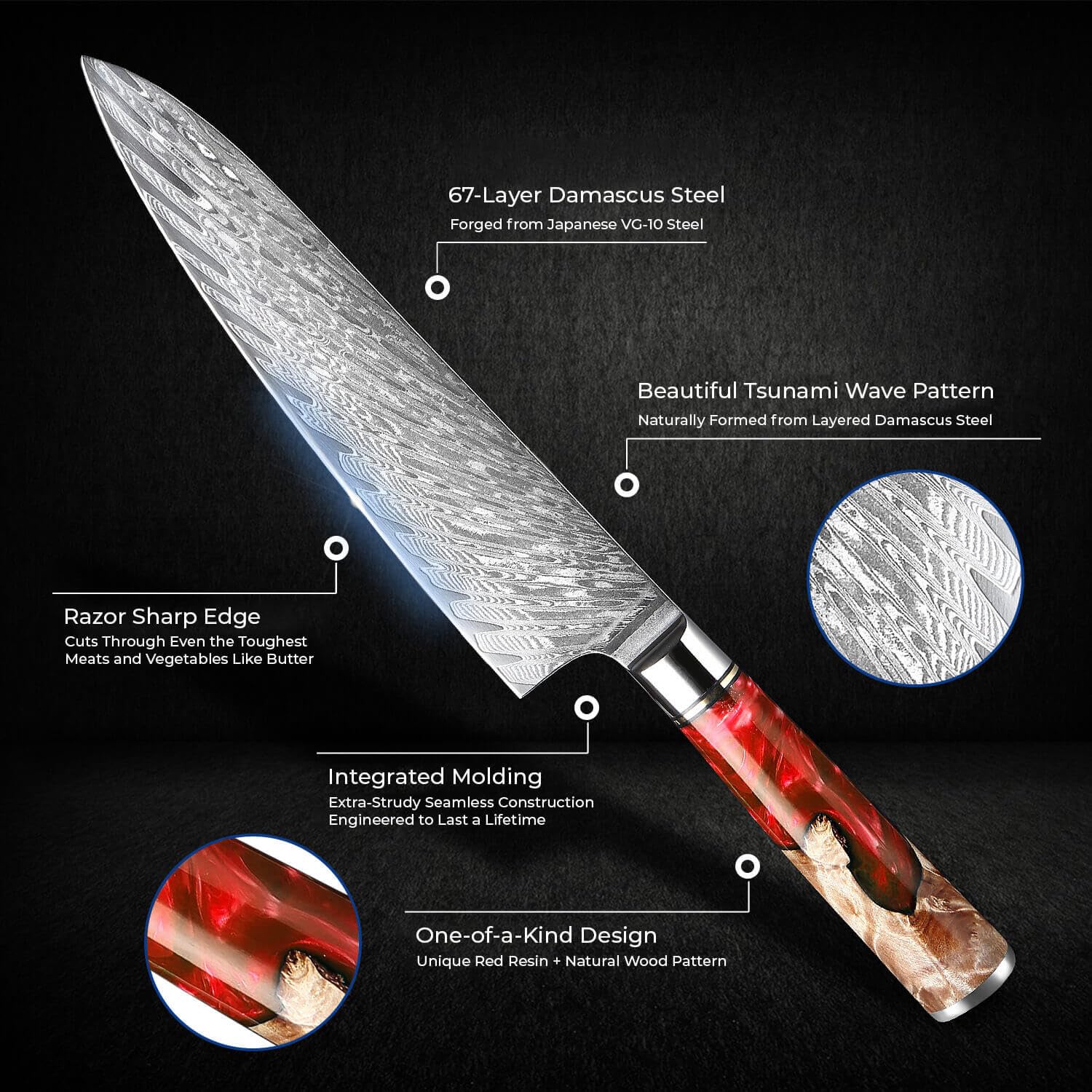 SENKEN 7-Piece Damascus Kitchen Knife Set - Tsunami Collection - 67-Layer Japanese VG10 Steel - Chef's Knife, Cleaver, Santoku, Bread, Boning, & More (Red Resin Blend) — Amazon image 6