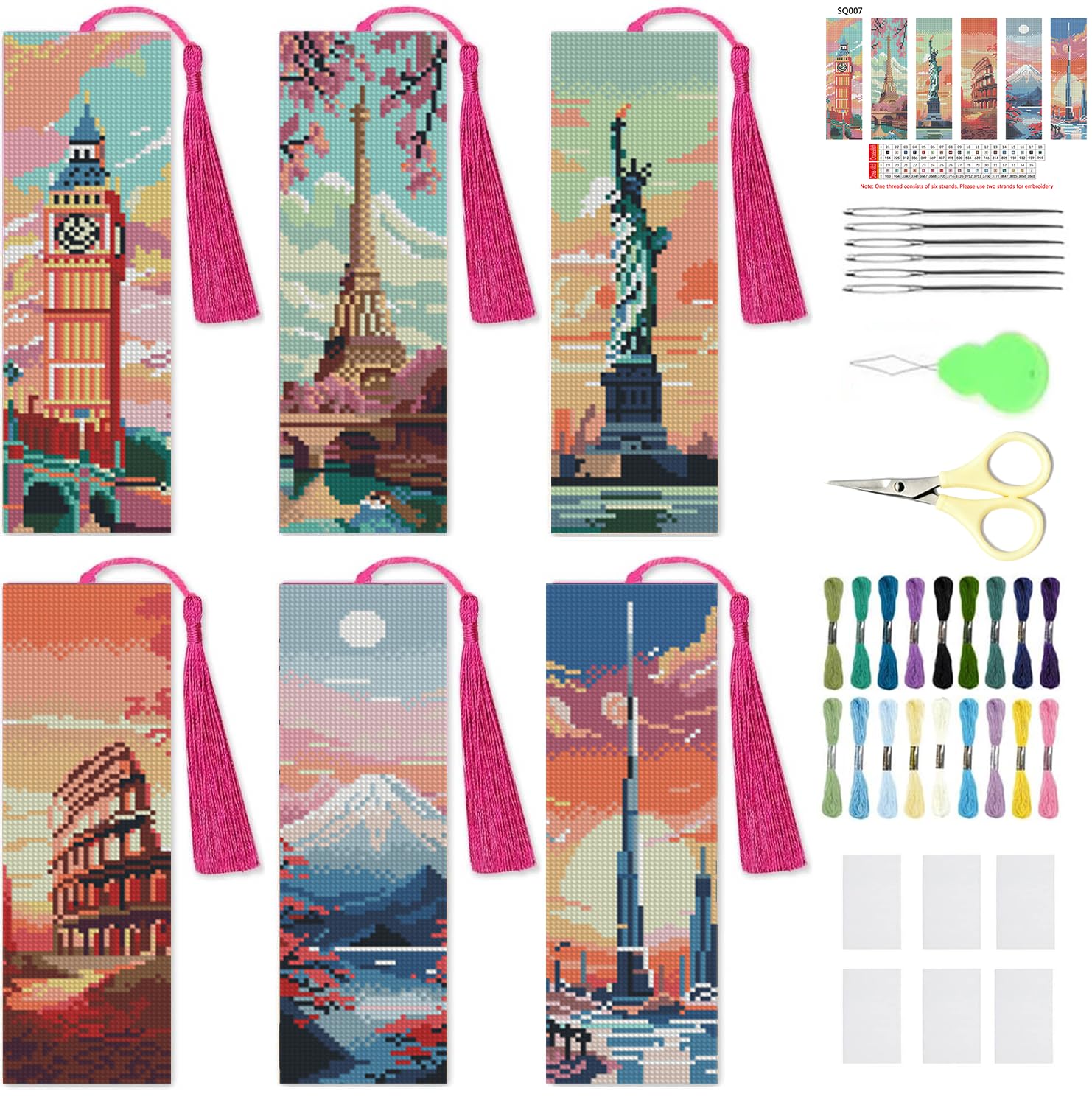 Jakener Cross-Stitch Bookmark-4 6 Pcs Cityscape Cross Stitch Bookmark Kit For Adult Beginners,Famous Buildings Cross Stitch Kits 14 Ct Diy Crossstitch Kits Adult Stamped Bookmark Embroidery Bookmarks Kit