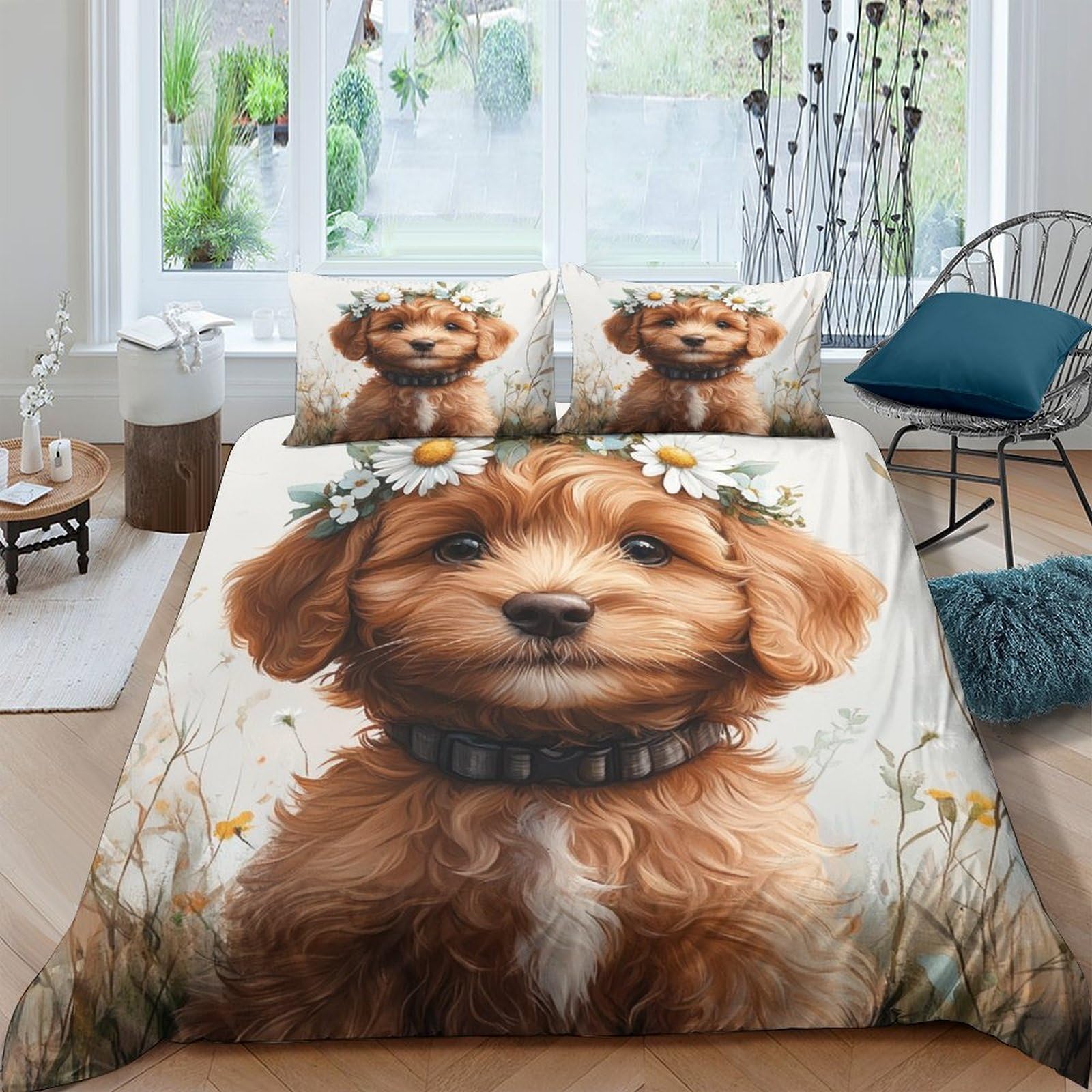 Ctjqhvkz Style-3 3D Printed Cute Brown Dog Fitted Sheet Microfiber Soft Breathable Daisy Meadow Mattress Cover Bedroom Decor Single（135X200cm）