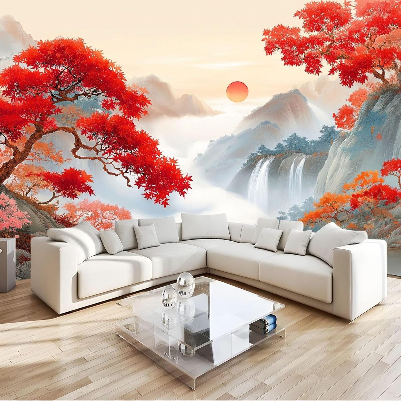 pdghsdkgjh Oriental Style Photo Wallpaper for Living Room, Kitchen, TV Background, Non-Woven Mountain Maple Leaves - Modern Wall Mural Beige, 300cm x 210cm Stickers - Frameless Painting - Poster