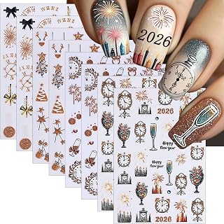 8 Sheets Christmas Fireworks Clock Nail Art Stickers 2026 New Year Xmas Nail Stickers 3D Self-Adhesive Glitter Champagne Christmas Tree Bow Designs Winter Decals for Women DIY Manicure Supplies