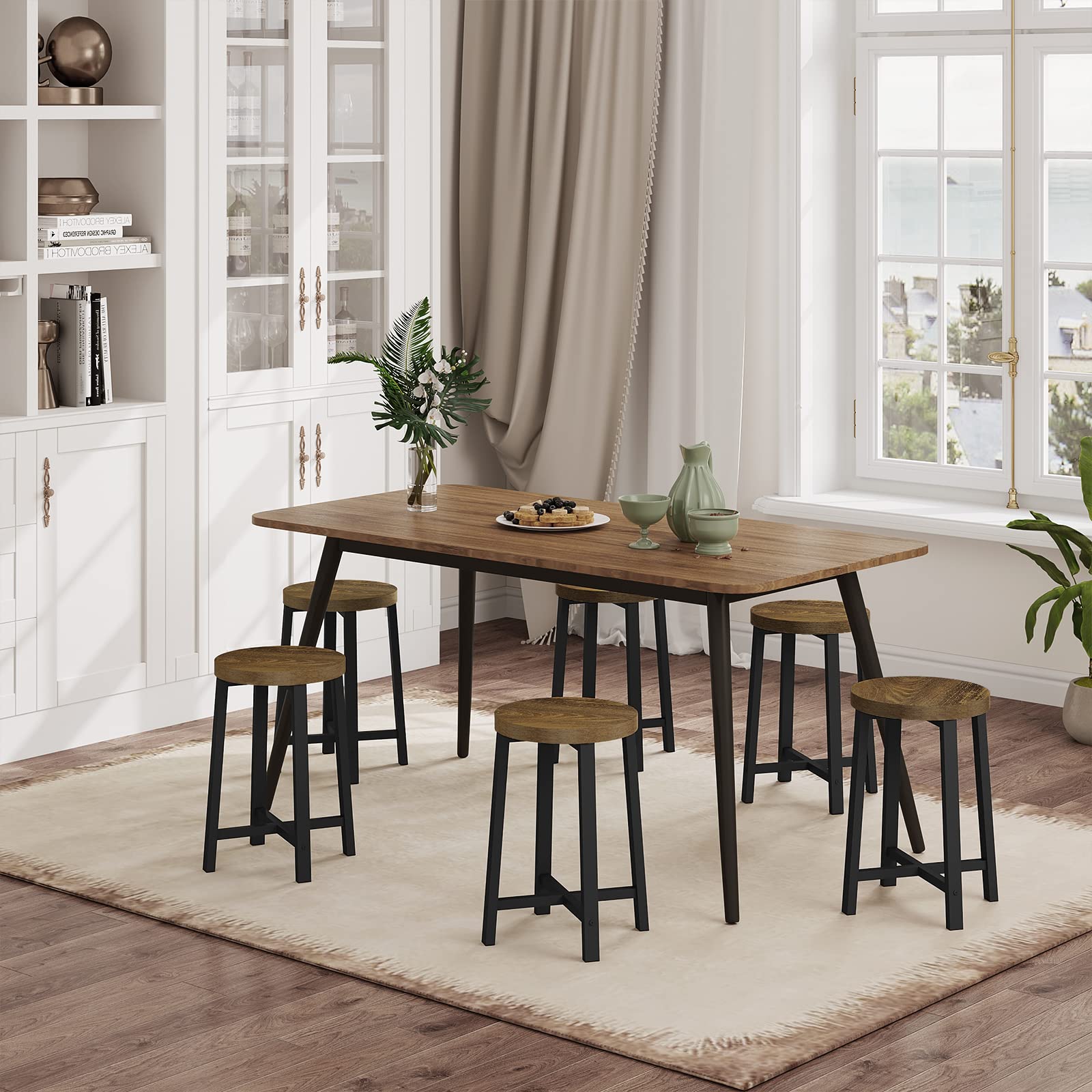 WOLTU Esszimmerstühle 2er Set, Küchenstuhl, Esszimmerhocker, Küchenhocker, Hocker mit Metallbeinen, im Industrial Design, Vintage-Holzmaserung Schwarz