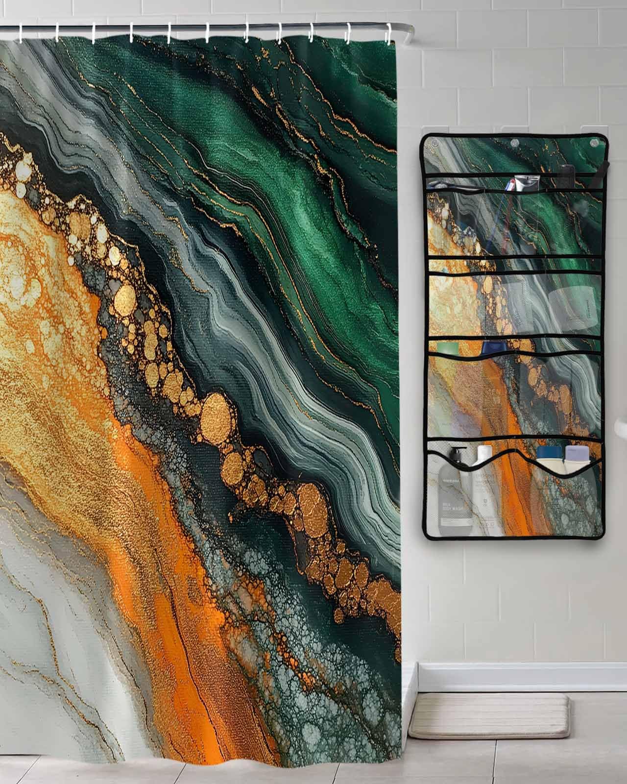 Decorative Shower Curtain Sets Ombre Orange Green Polyester Fabric Waterproof Shower Curtains Abstract Marble Geometric Texture Mesh Shower