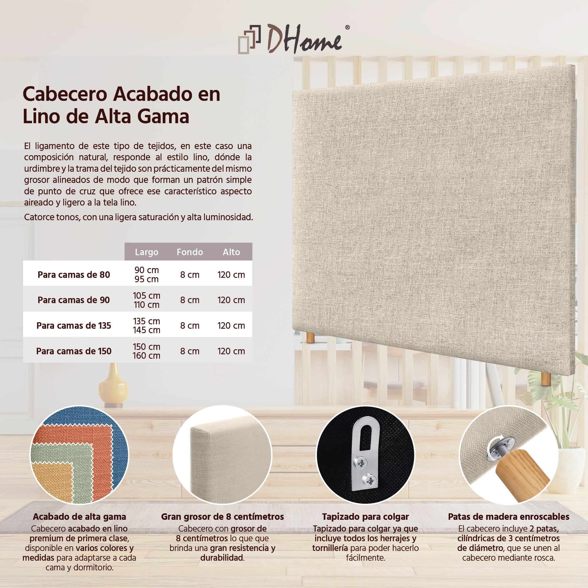 DHOME Cabecero de Lino Natural Liso hasta el Suelo con 8cm de Grosor Cabezal Tapizado Cama Dormitorio Moderno Top Trending (Lino Natural, 160cm (Camas 150))
