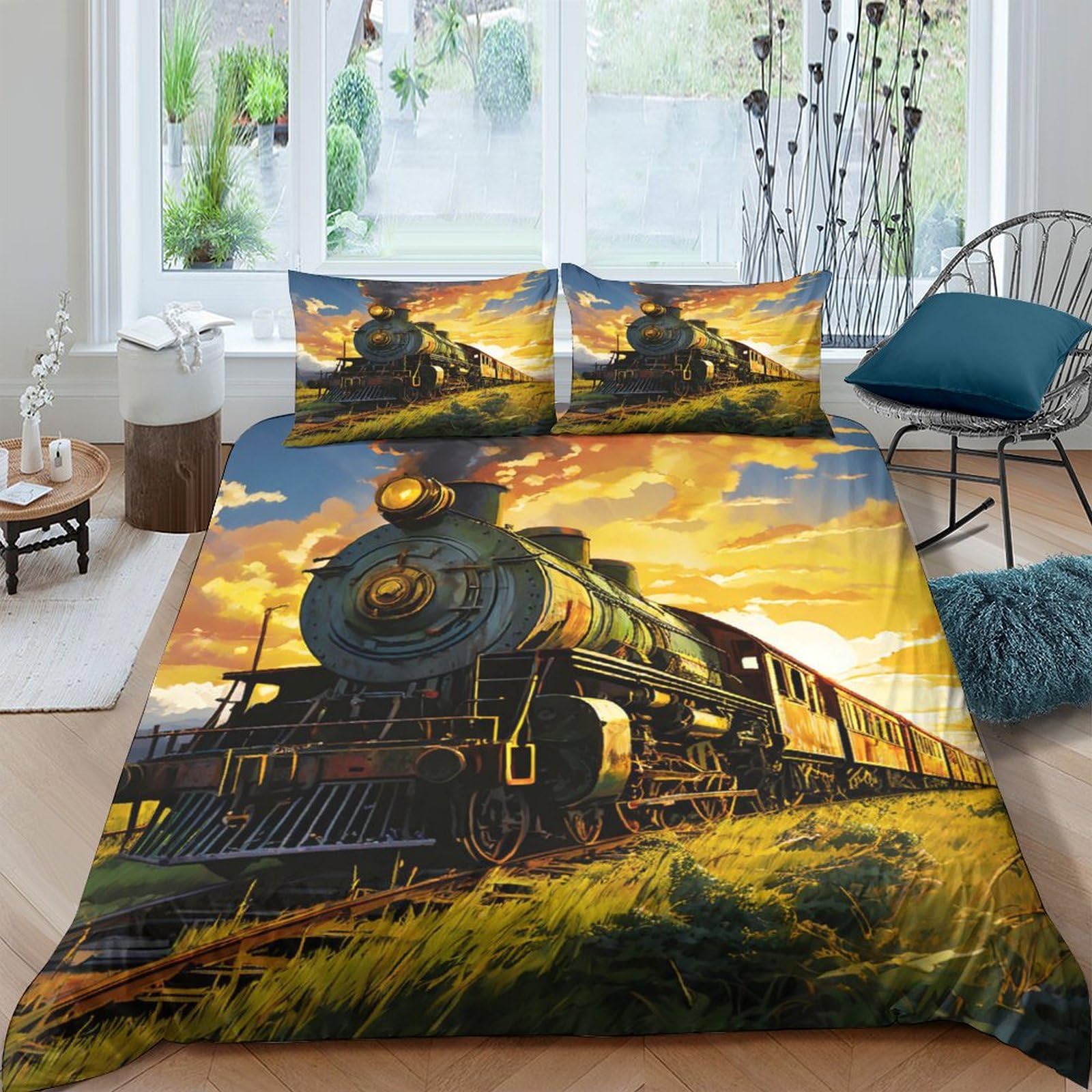 Qpirinmex Steam Train-3 Steam Train Duvet Cover Set 3D Quilt Cover Decorative Microfiber Comforter Cover Set With Pillow Shams, Zipper, Soft Lightweight 3 Pieces Double（200X200cm）
