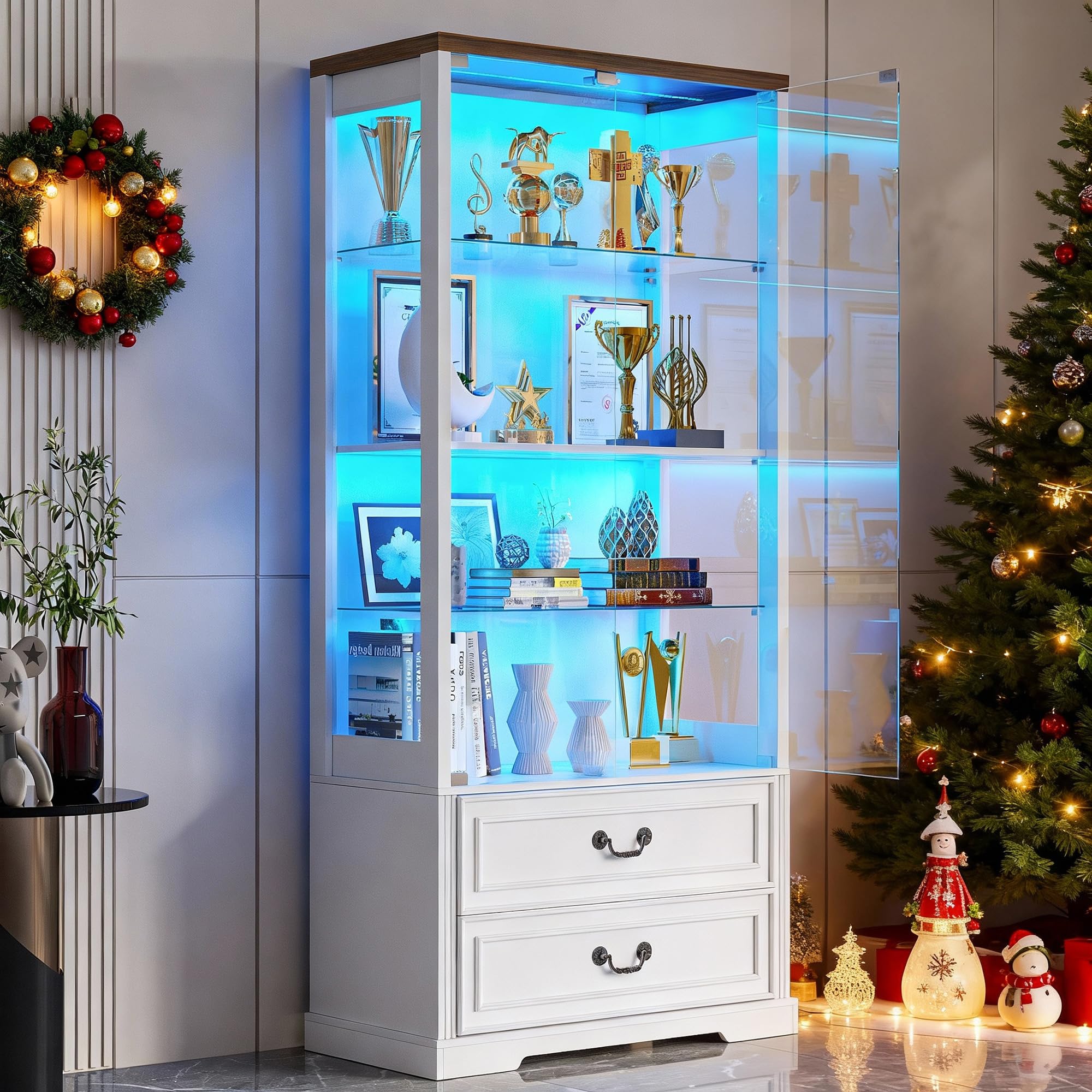 TAGELIER Display Cabinet with Glass Doors and LED Lights, 2 Drawers, White