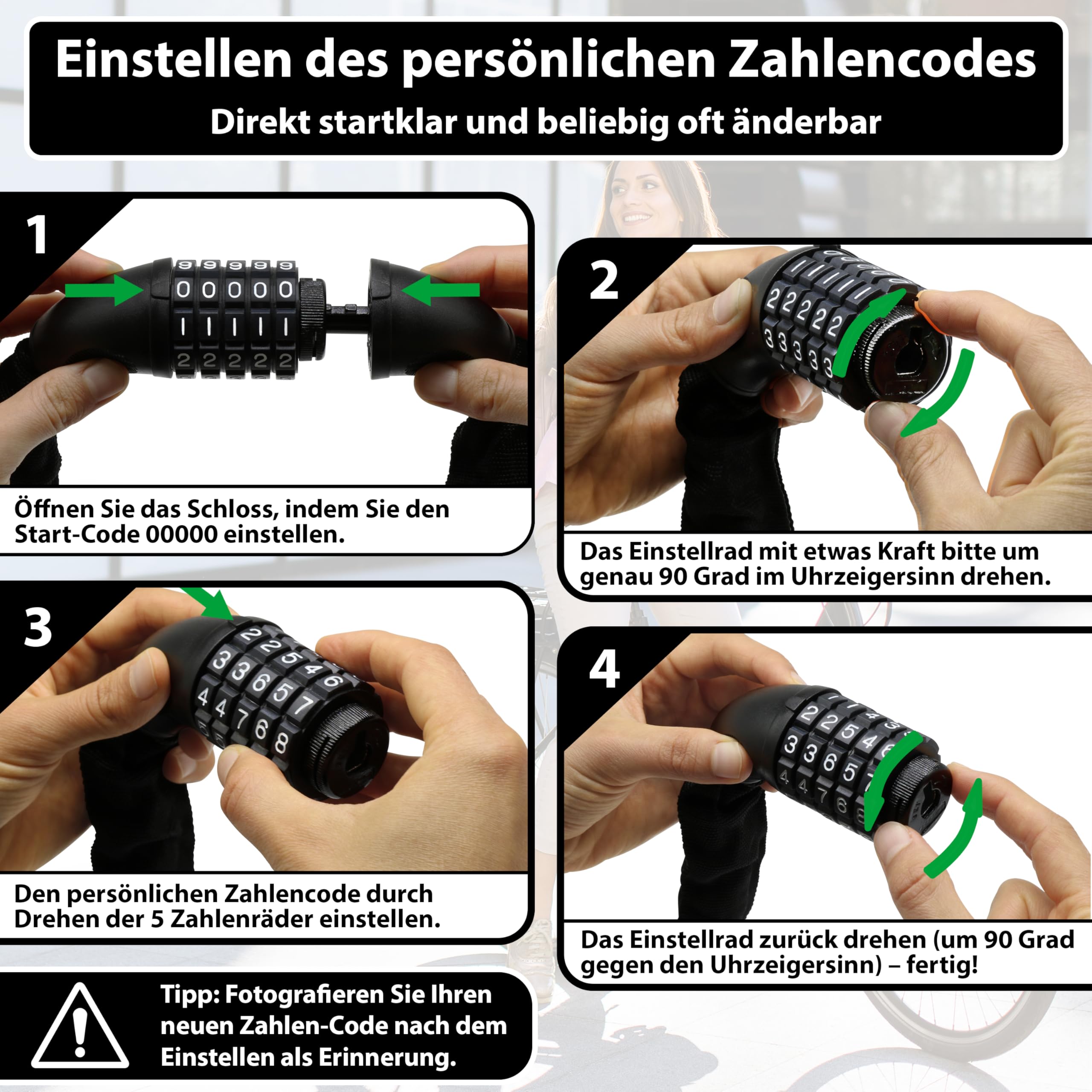 KOHLBURG sehr langes Fahrradschloss Zahlenschloss 115cm & 6mm starker Stahl - Fahrrad Schloss mit Zahlencode - Kettenschloss mit Zahlen Kombination für Fahrrad E-Bike & e Scooter - Code Bike Lock