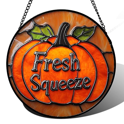 Stained Glass Window Hanging Orange Pumpkin 7.8" - Suncatcher Door