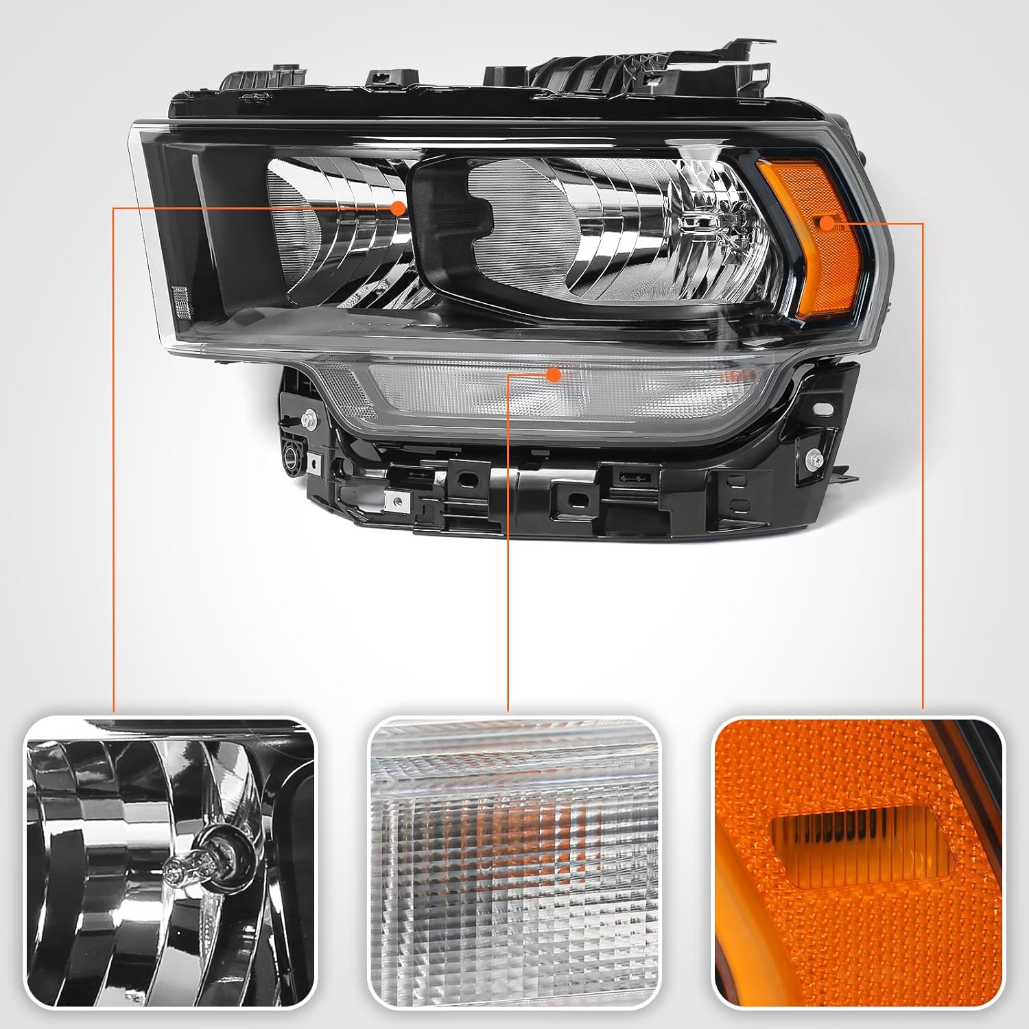 FIONE Headlight Compatible with Dodge Ram 2500 3500 2019-2024 Clear Lens Black Housing Left Driver Halogen Headlamp Assembly W/Bulb