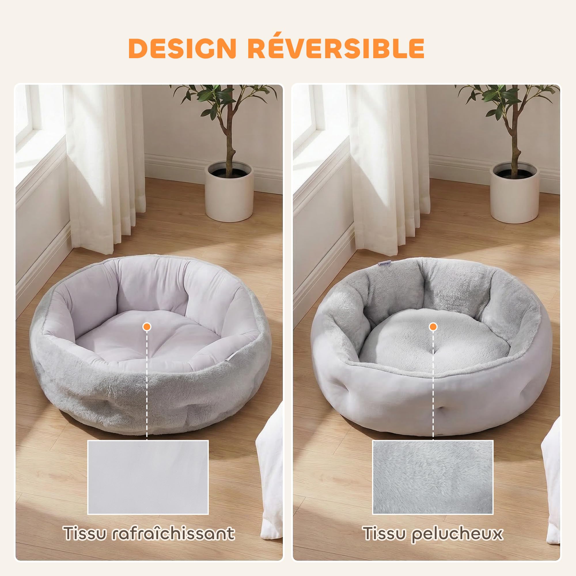 PawHut Lit pour Chat, Panier Réversible Rond Rebord 62x62x21cm Gris Clair | Panier pour Chats d'Intérieur et Petits Chiens