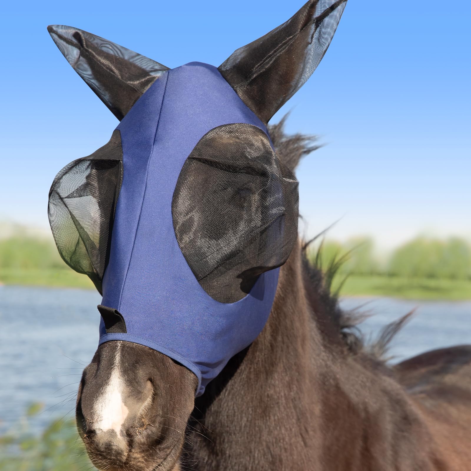 Dehnbare Pferd Fliegenmaske mit Ohren Menjo Outdoor UV-Schutz Fliegenmaske für Pferde, Hoch Atmungsaktiv Bequem Fliegenmaske Pferd Navy Voll