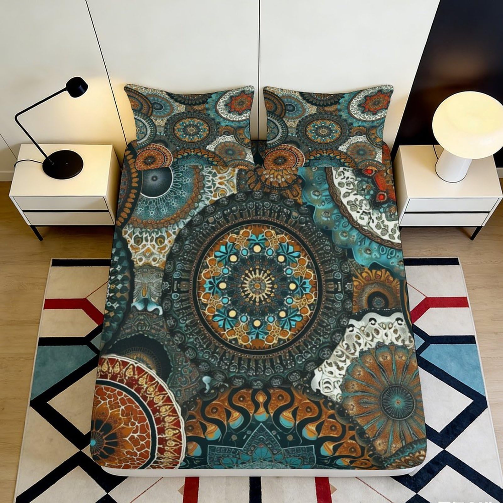 3D Printed Mandala Art Fitted Sheet Microfiber Deep Color Boho Mosaic Mattress Cover for Bedroom and Guest Room Decor 160x200x25cm