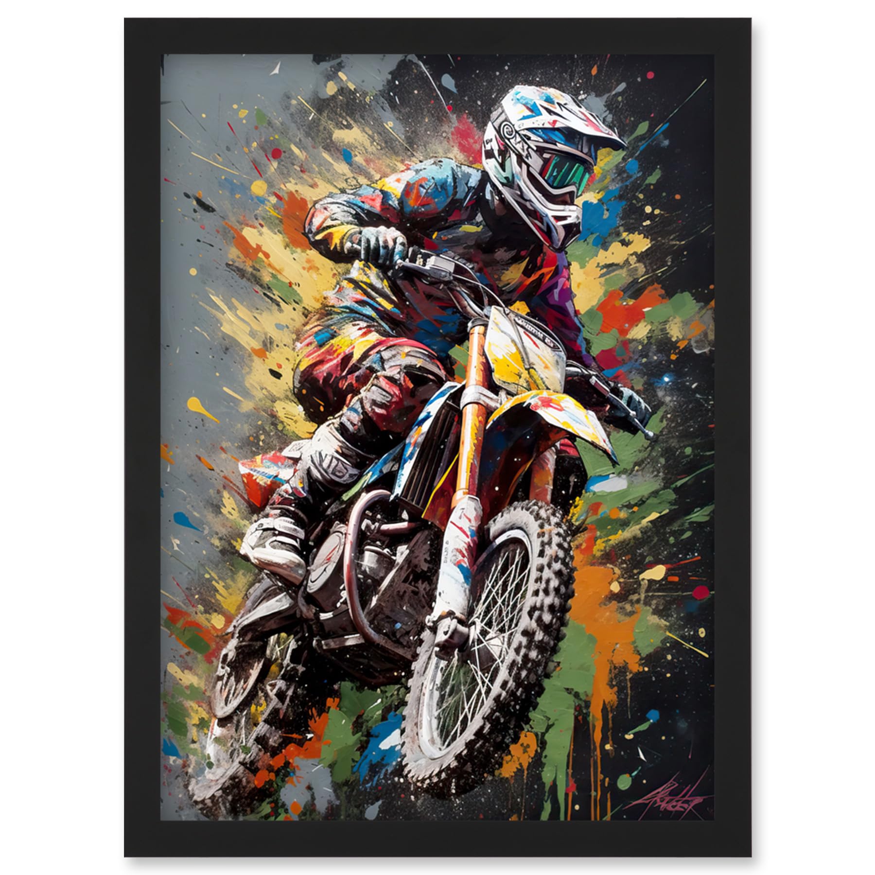 Artery8 Dirt Bike Sport Splatter Paint Motocross Rider Artwork Framed Wall Art Print A4