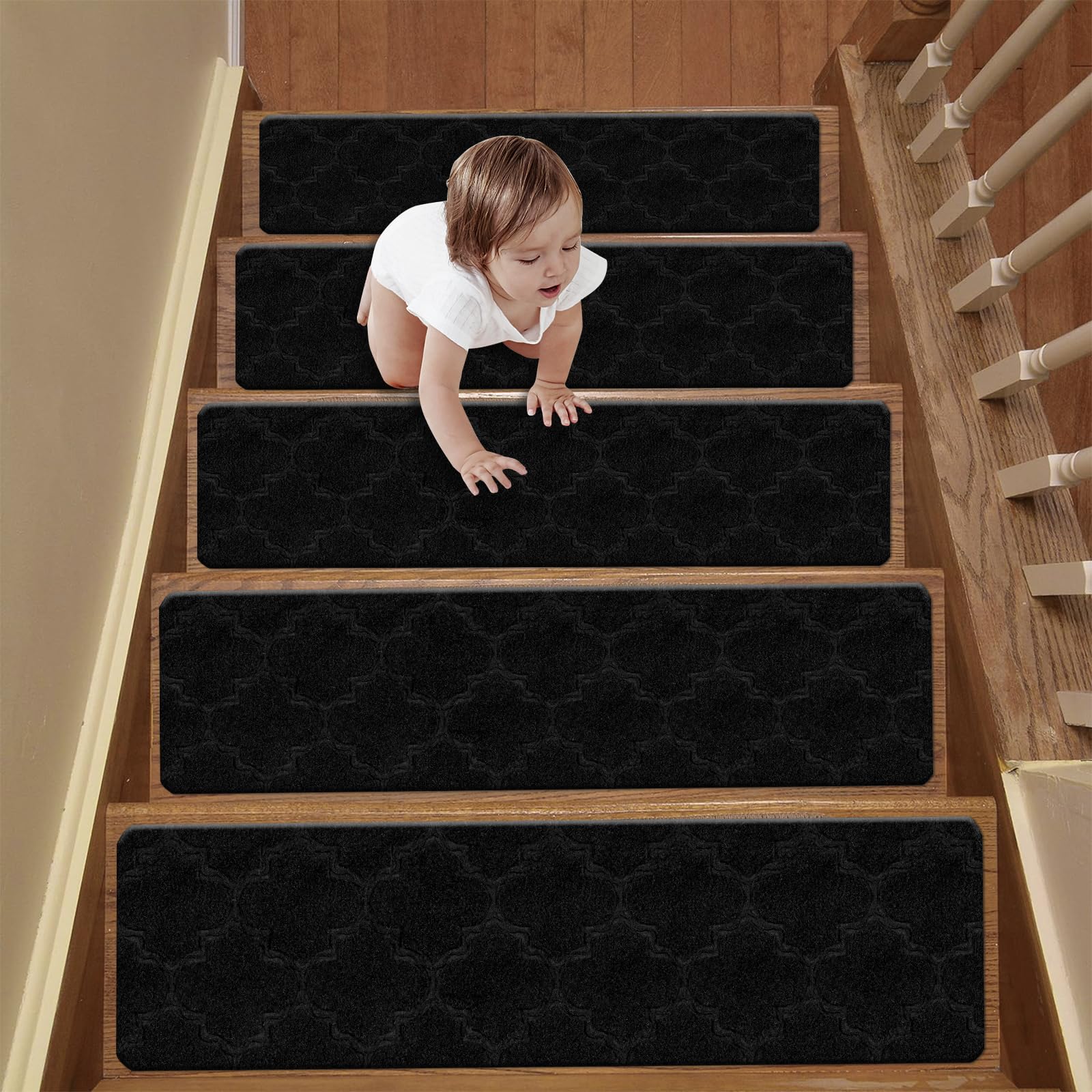 Alow Stair Treads Non-Slip, 7 PCS Indoor Reusable Carpet Stairs, Self-Absorbing No Glue Required for Wood or Marble StepsStair Mats for Children, Seniors, and Pets (8x30 inches,All Black)