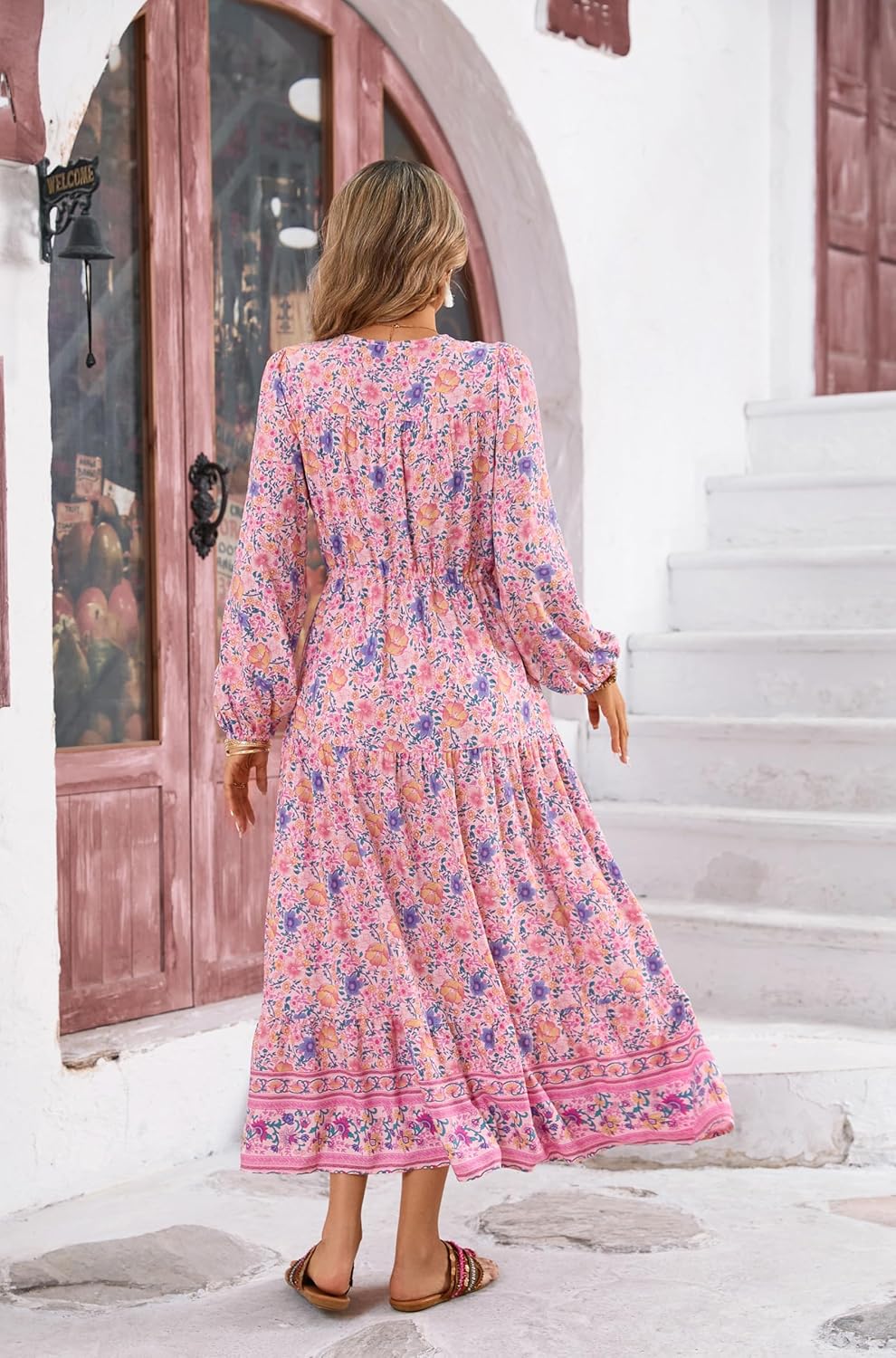 R.Vivimos Women's Long Sleeve Cotton V-Neck Button Up Floral Print Boho Flowy Midi Dresses - Image 4