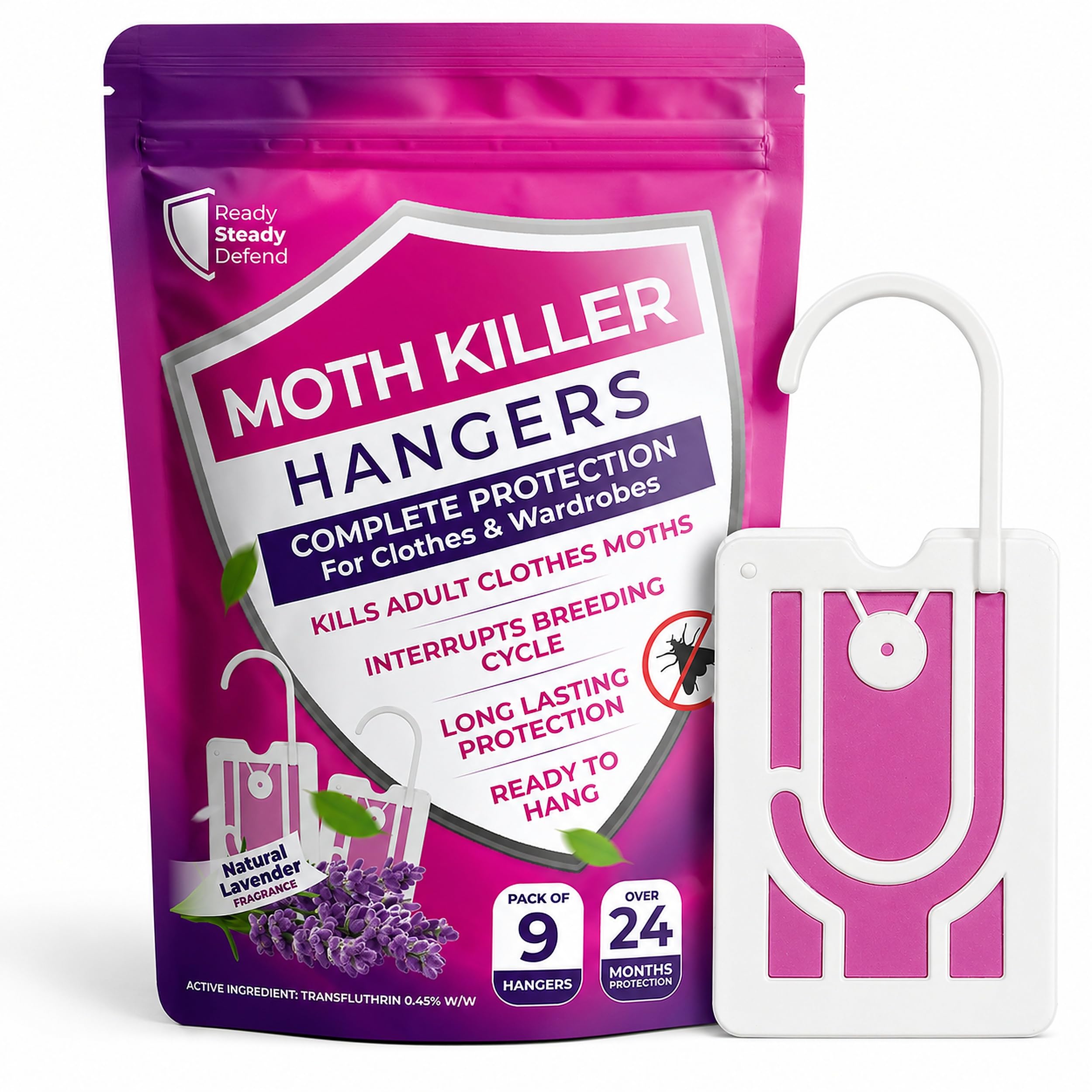 9-Pack Clothes Moth Killer Hangers for Wardrobes: Clothes Moth Killer | Contains Transfluthrin | Moth Protection for Wardrobes and Drawers | Up to 3 Months Protection per Hanger | Lavender-Scented
