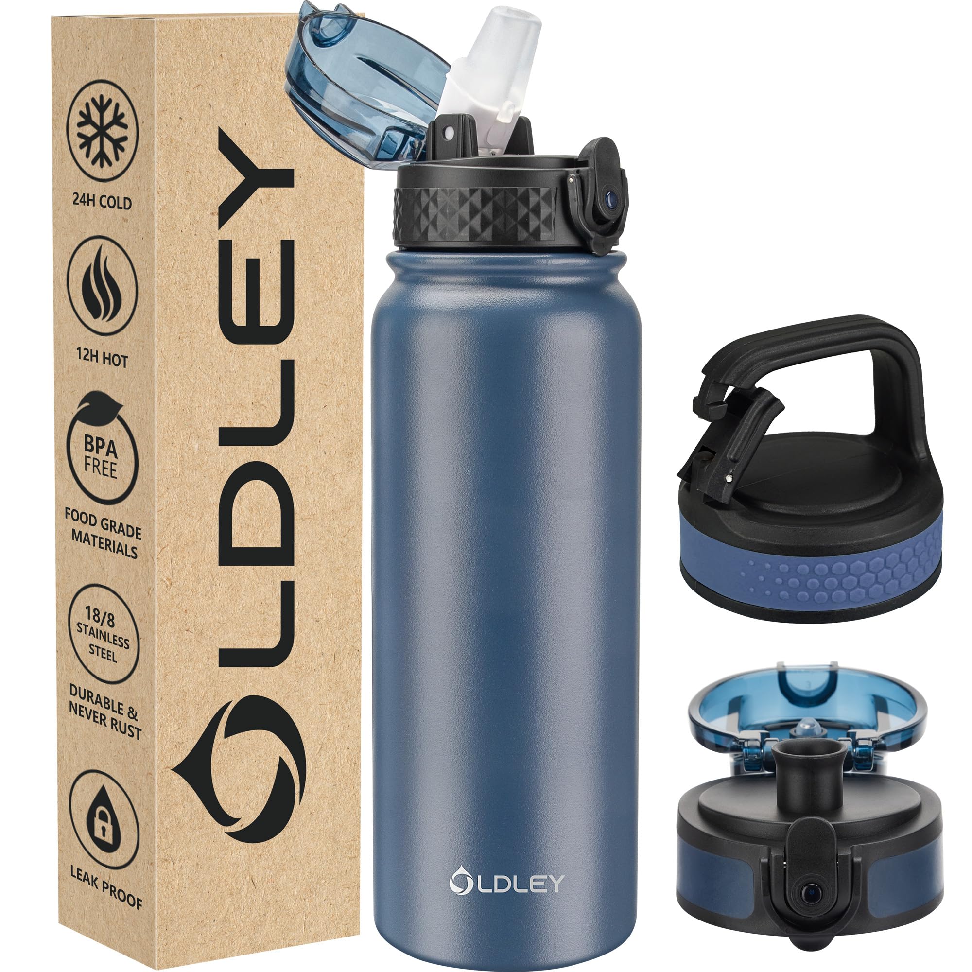 Oldley Insulated Water Bottle 20oz Water Bottles with Straw, Stainless Steel Water Bottle with 3 Lids, Double Wall Vacuum Bottels for Adults Kids,