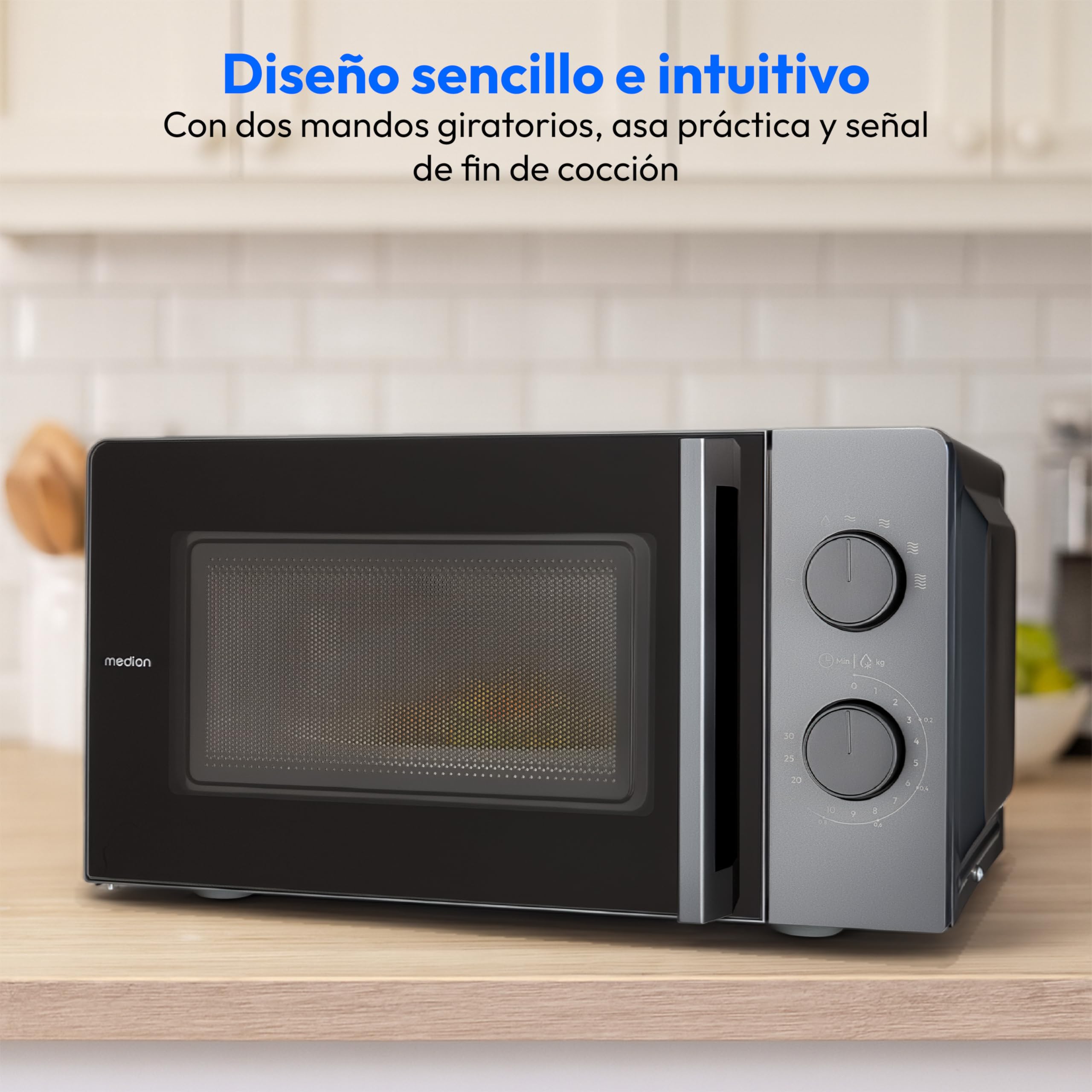 MEDION Microondas compacto MD12211 (20 L, 700 W, 5 niveles, función descongelar, temporizador, ahorra espacio) [MODELO 2025]