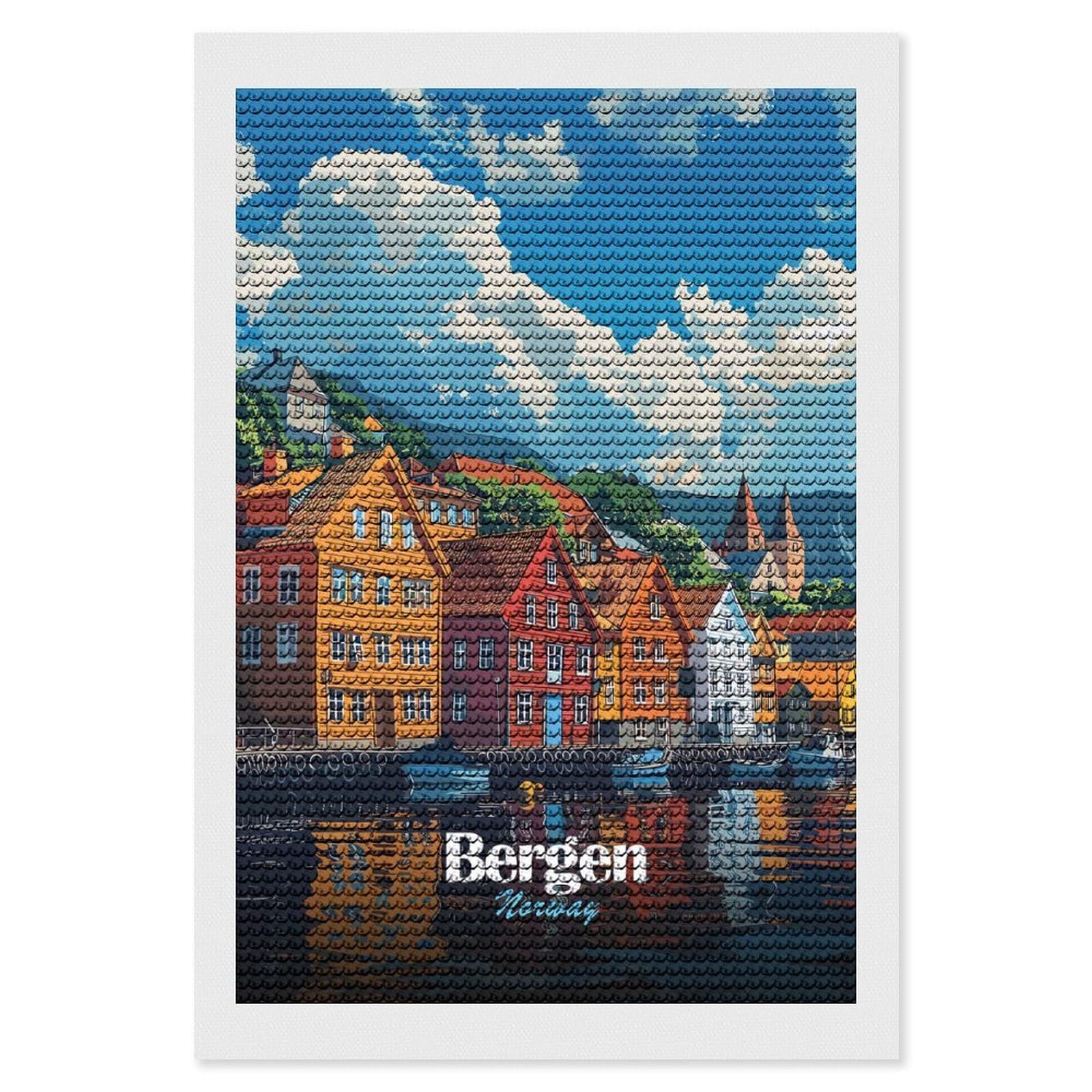 Junmoney Bergen, Norway Cityscape Diamond Art Canvas 8"x12", for Teens, Nice Detail and Sparkle, Farmhouse Decor, Festive Craft Gift, Easy to Enjoy