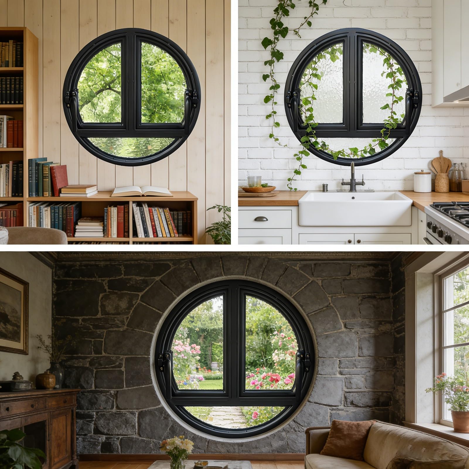 Ventana Ventana Redonda abatible de Doble Apertura empotrada Personalizada con Vidrio Templado, Decorativa para baños, Salas de Estar, hoteles y cafeterías(Black,85 cm/33.5 in)
