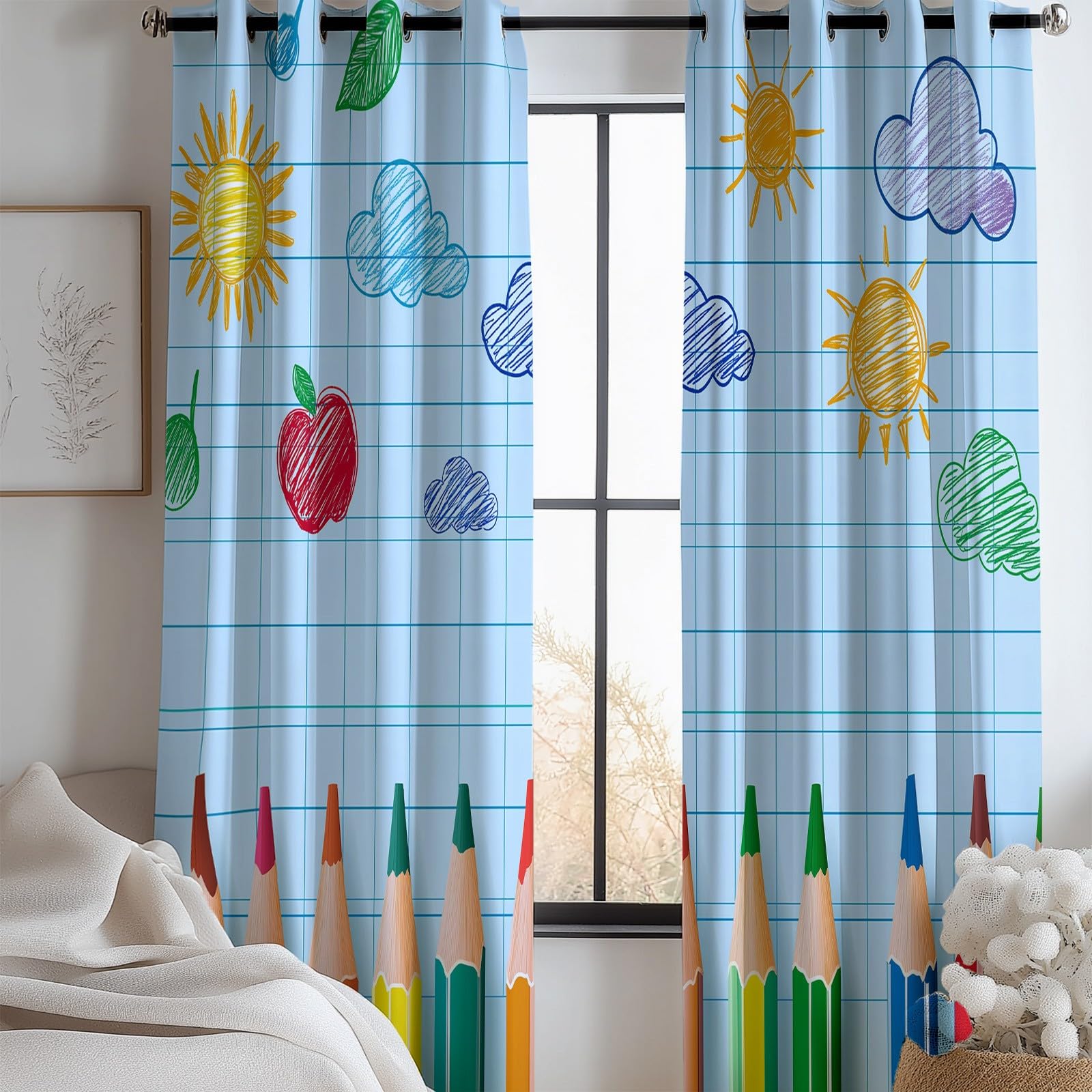 Rideaux Occultants Soleil Nuages, Draperies Opaque à Oeillets en Crayons Couleur - Rideaux de Thermique Anti-UV pour Chambre Salon Draperies Intérieurs 92L x 214H cm 2 Panneaux