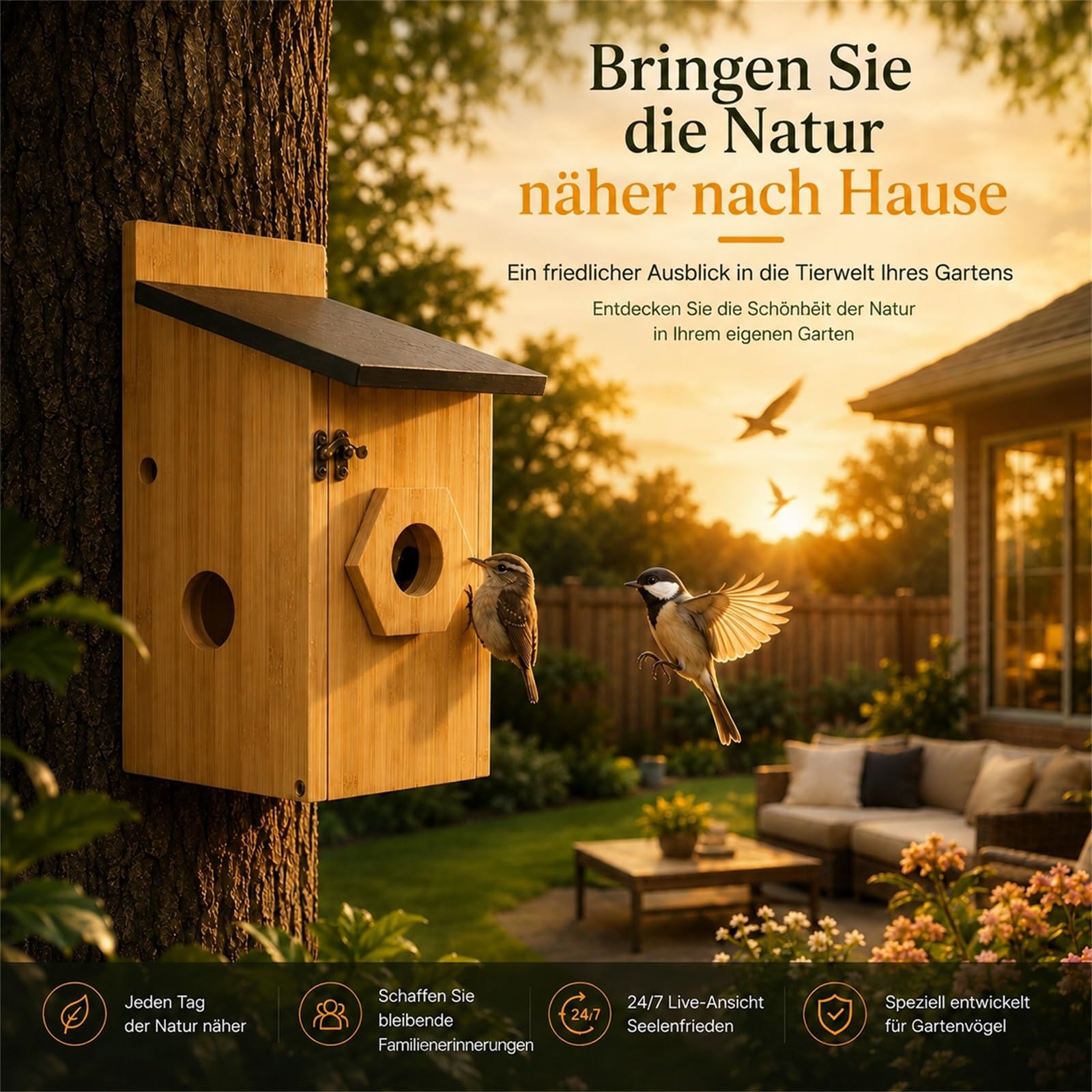 Vogelhaus mit Kamera, 5MP HD Nistkasten für draußen, 2,4G WiFi & App Benachrichtigung, Beobachtung von Nestbau und Brut, Automatische Aufnahme von Vogelvideos & Bewegungserkennung, Solarbetrieb